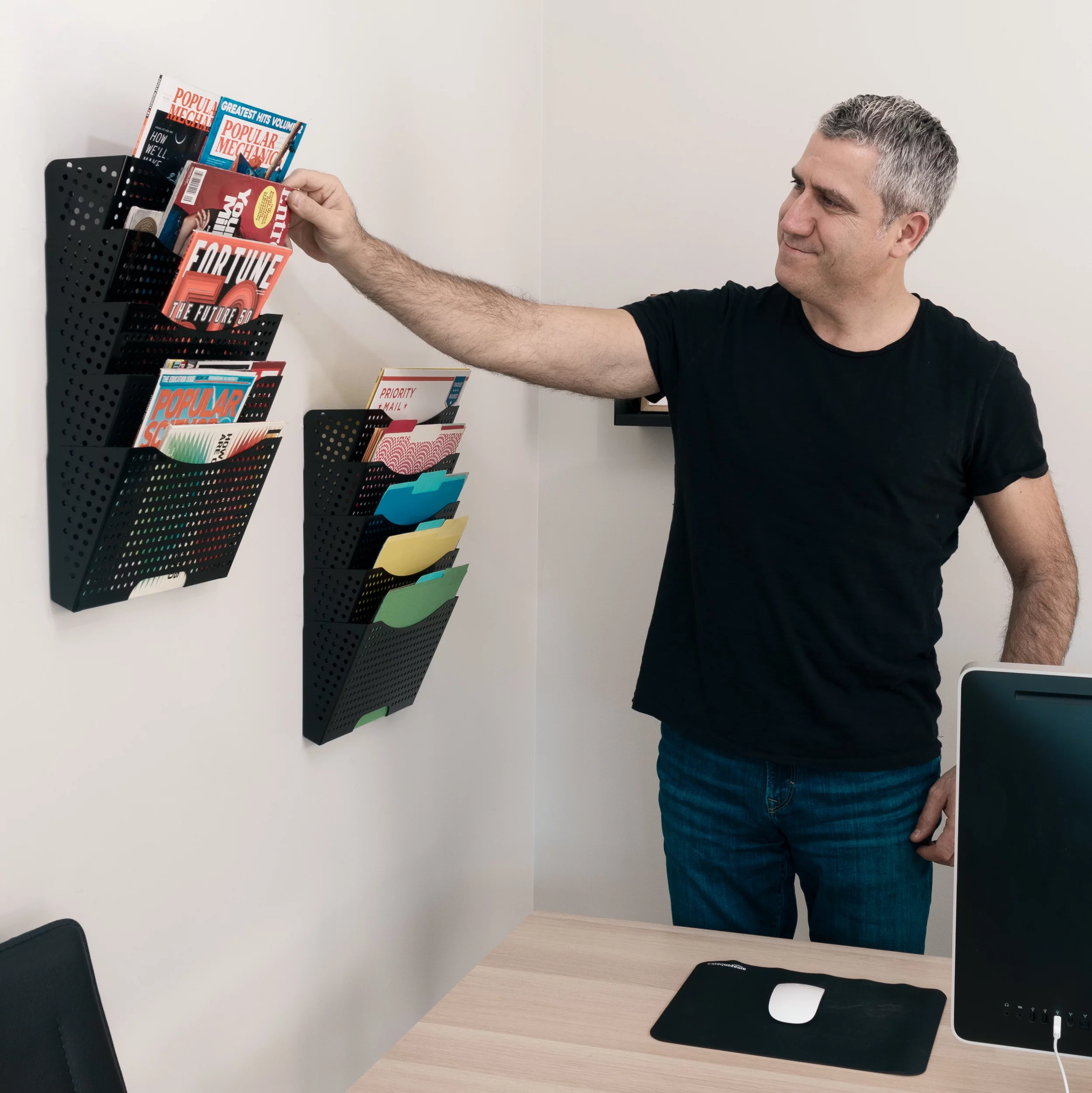 Wallniture Dots Lisbon Metal Wall File Holder Organizer, 5-Tier File Folders Letter Size Magazine Holder and Office Decor, Black