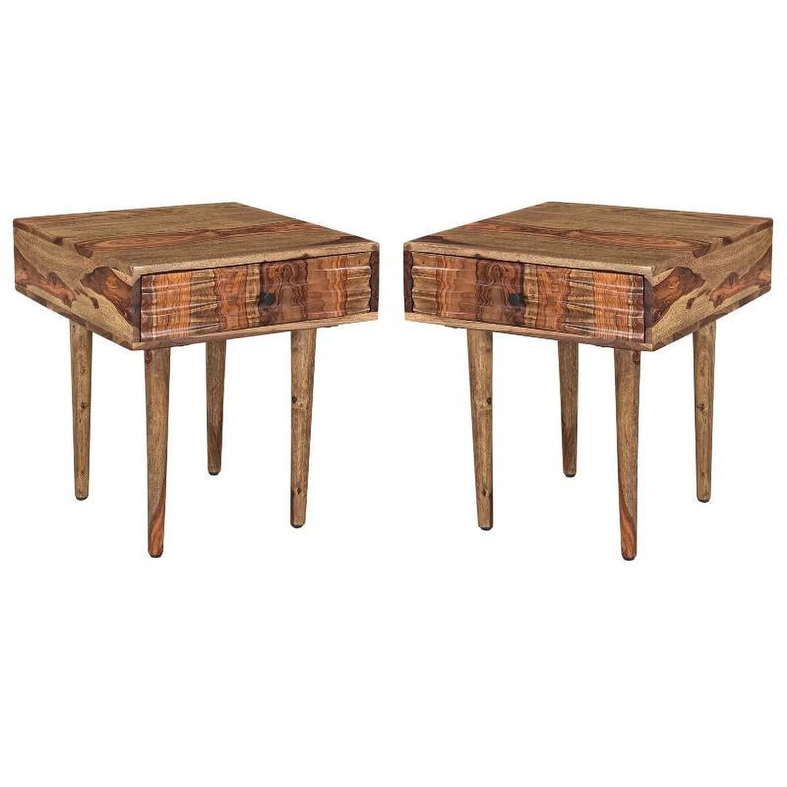 Home Square Drawer Solid Sheesham Wood End Table in Brown - Set of 2