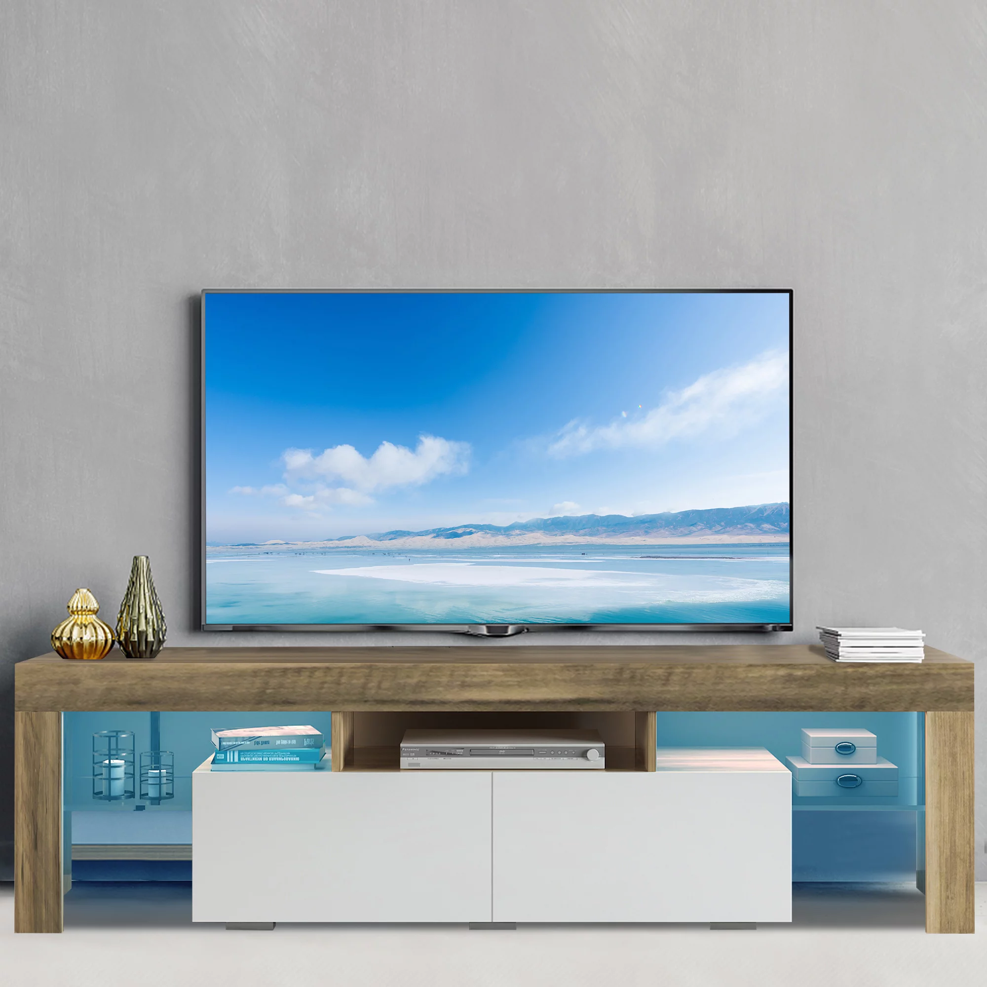 Modern TV Stand, Simple TV Stand for 70 inch TV with 16-Color LED Lights, Colorful Lighted Entertainment Center With Ample Storage, 2 Drawers and 3 Shelves, Gray Walnut & White