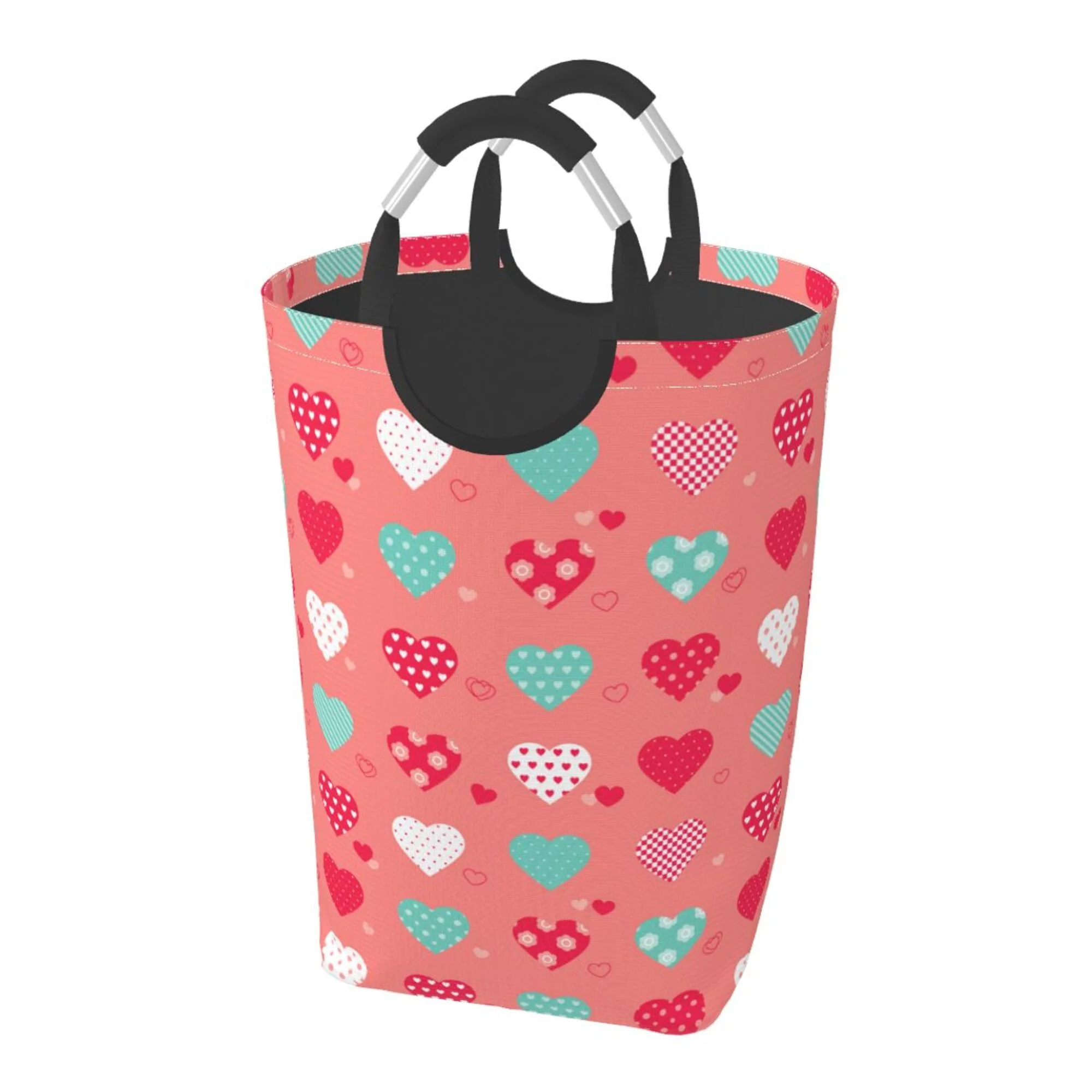 TEQUAN 50L Large Rectangular Laundry Hamper with Aluminum Handles, Pink Cute Hearts Prints Waterproof Foldable Dirty Clothes Basket