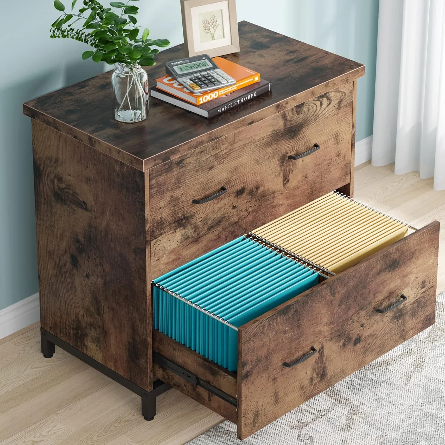 HBBOOMLIFE 2-Drawer File Cabinet  Wood Lateral Filing Cabinet  Home Office File Cabinet for A4  Letter Size  Rustic Brown