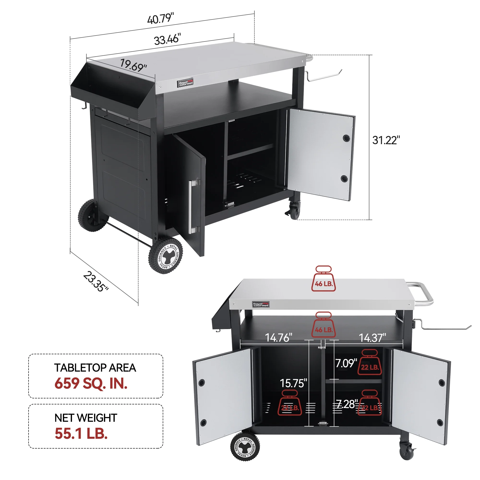 Royal Gourmet PC3403S Movable Kitchen Island Cart