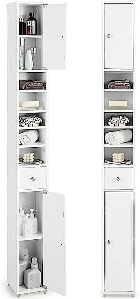 ZFGSUIJN Tall Slim Bathroom  Cabinet  71" Freestanding Bathroom Cabinet w/ 2 Doors  1 Drawer & 5 Adjustable Shelves  Floor Narrow Tower Cabinet for Small Spaces  8" x 8" x