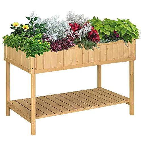 Outsunny Raised Garden Bed with 8 Pockets and Shelf, Wooden Elevated Planter Box with Legs to Grow Herbs, Vegetables, and Flowers, Natural