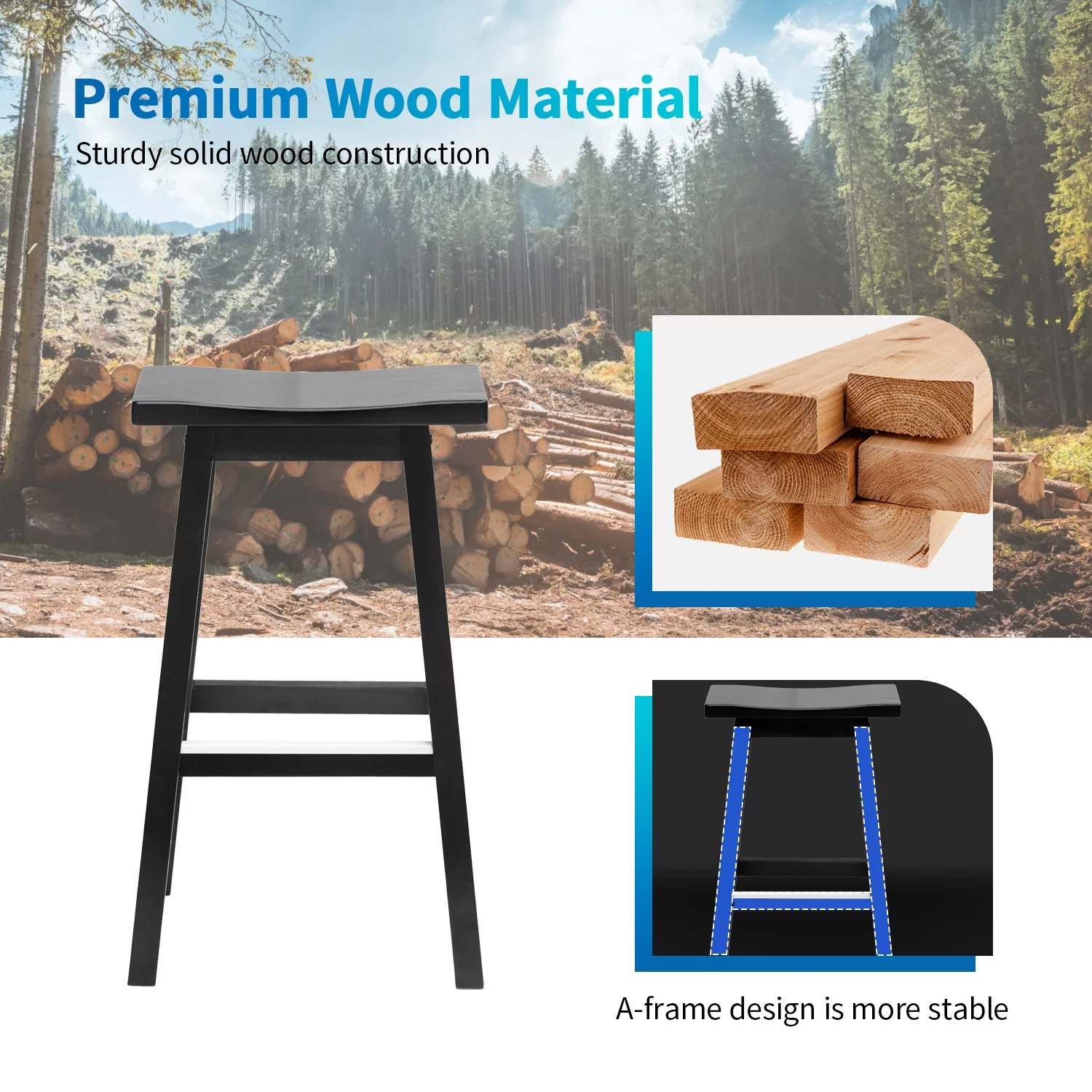 NiamVelo Bar Stools Set of 2 for Kitchen Counter, Solid Wooden Saddle Stools 24-Inch Height Home Furniture Counter stool, Black