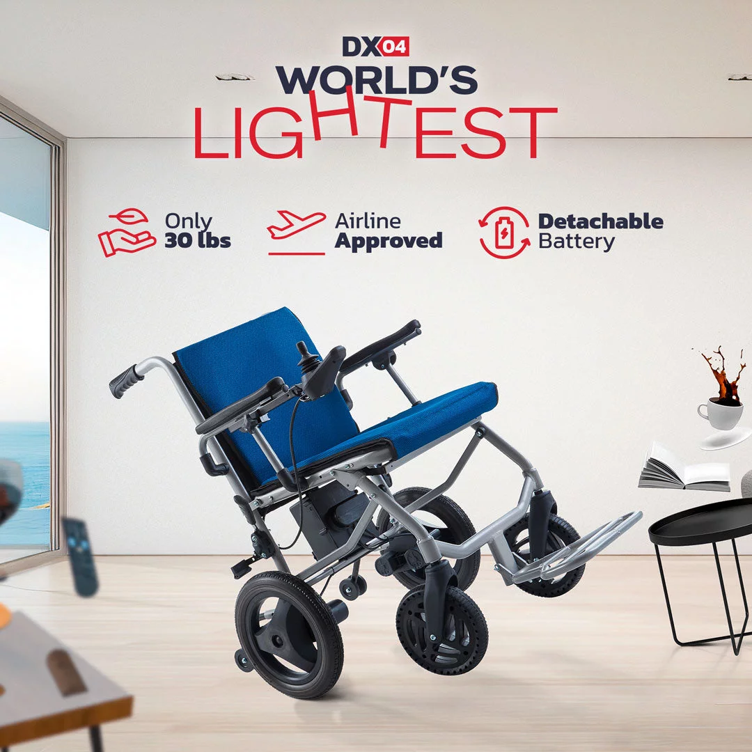 Klano KL04 - The World's Lightest Electric Wheelchair - Blue, Only 30 Pounds, Detachable Battery, Airline Approved.