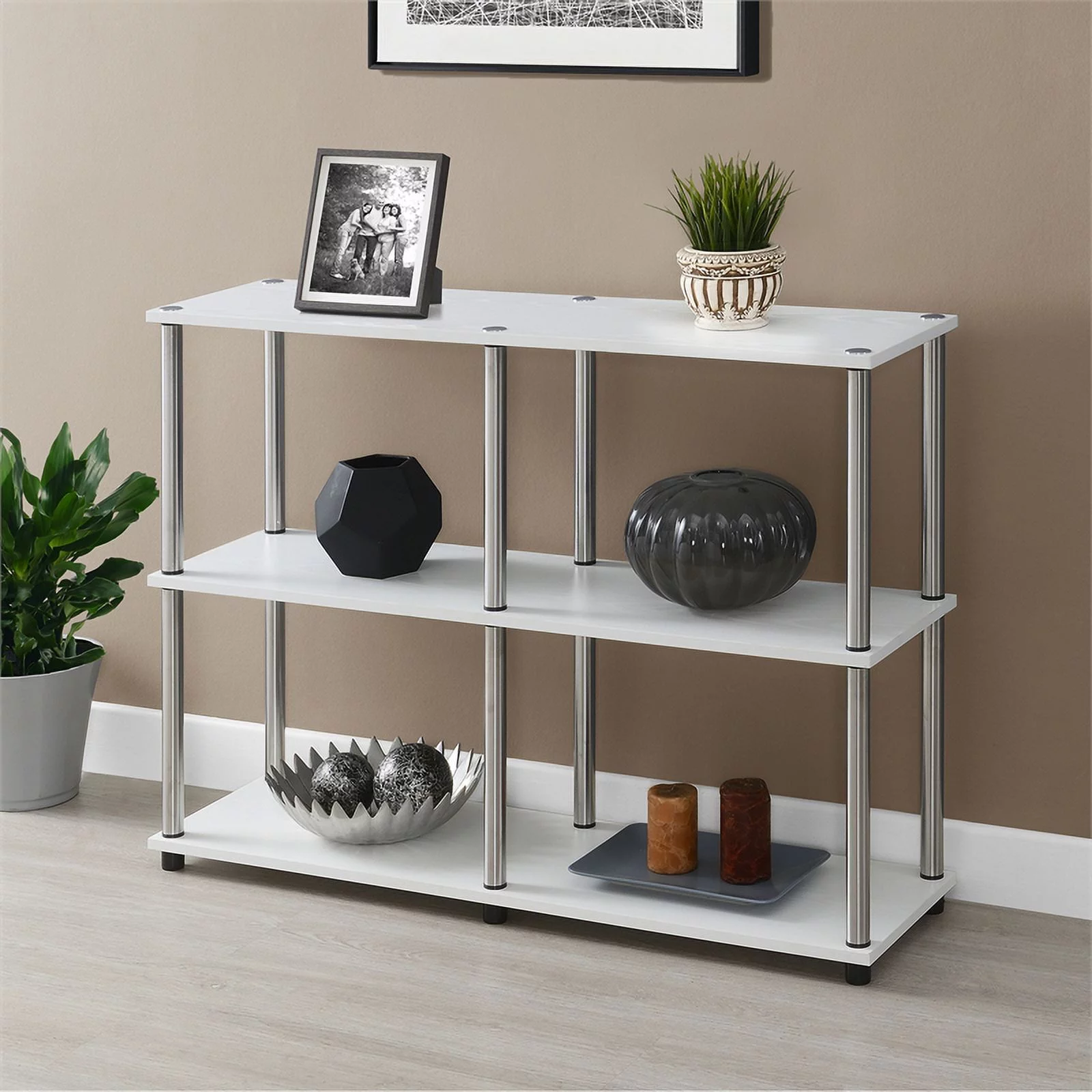 Pemberly Row No-Tools Console Table with Shelves in White Wood Finish