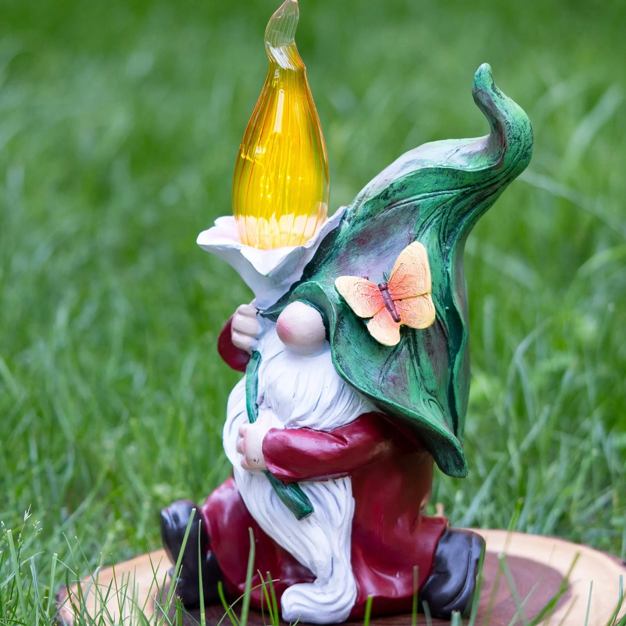 Accent Collection Garden Gnome with Torch Flame, Outdoor Gnome Statue, Solar Powered Light