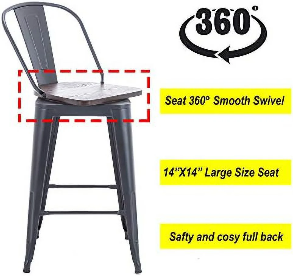 HOOMHIBIU Metal  Stools Counter Height Stool  Stools Set of 4 Kitchen Swivel Dining  Chairs (High Back Rusty Wooden  Swivel 26 inch)