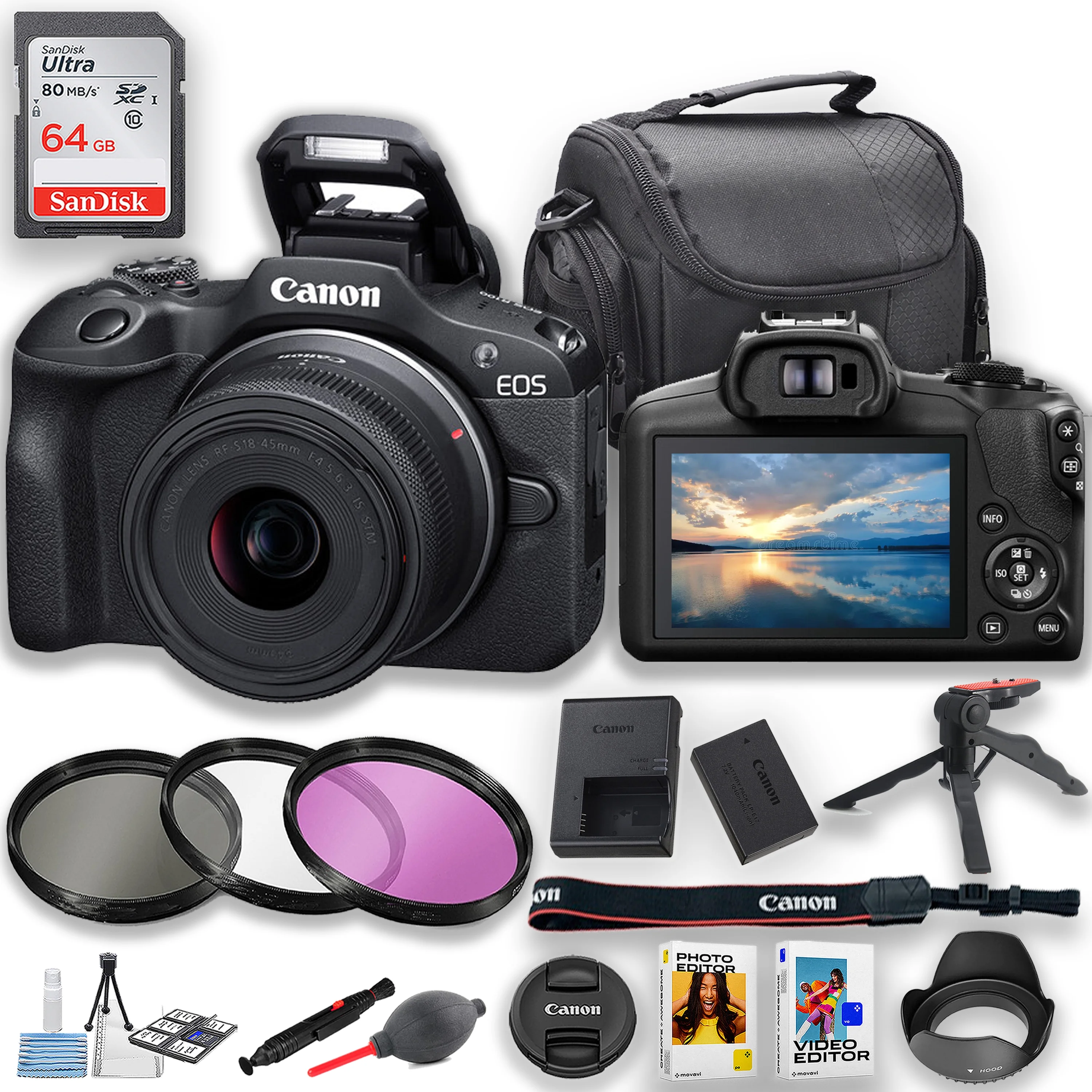 Canon EOS R100 Mirrorless Camera with Canon 18-45mm Lens and 64GB Memory Card, Camera Case, Dust Blower and Pen, Filters, Tripod & More