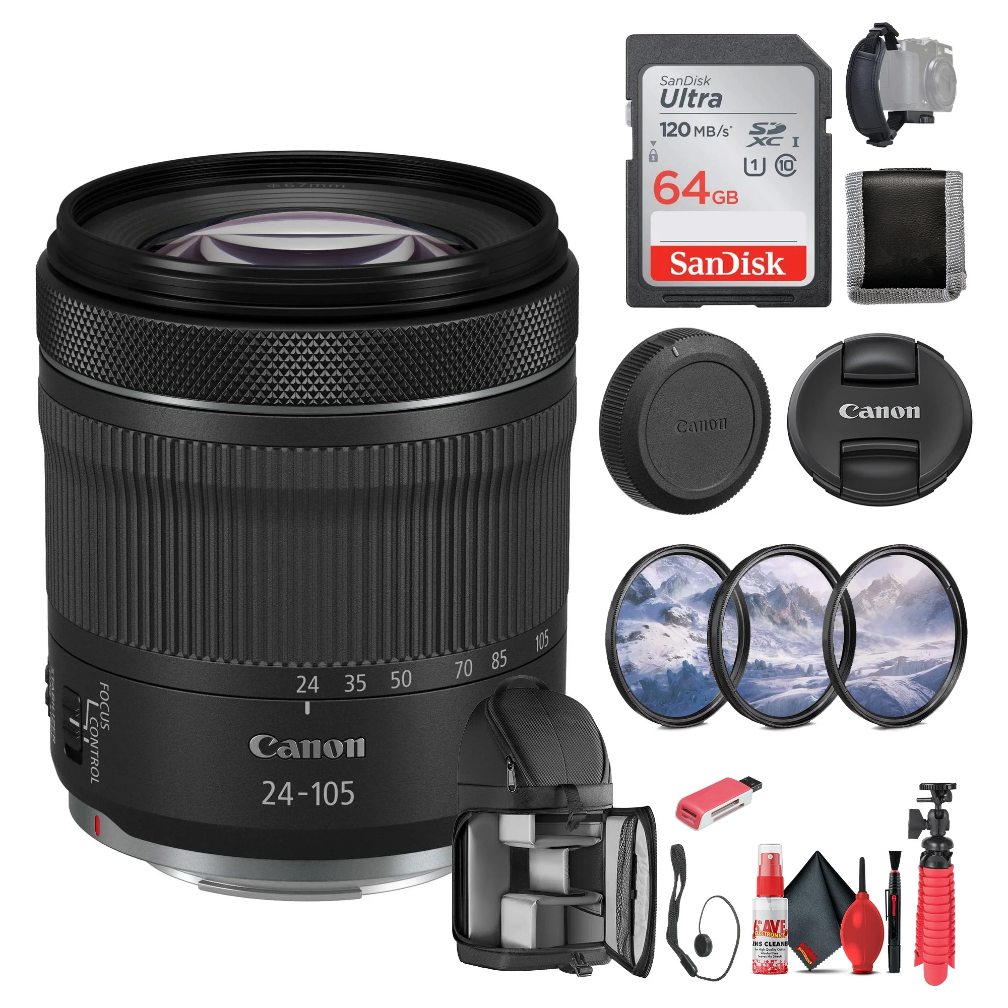 Canon RF 24-105mm f/4-7.1 IS STM Lens (4111C002) + 64GB Memory Card + Filter Kit + BackPack + Card Reader + Flex Tripod + Memory  Wallet + Cap Keeper + Cleaning Kit + Hand Strap