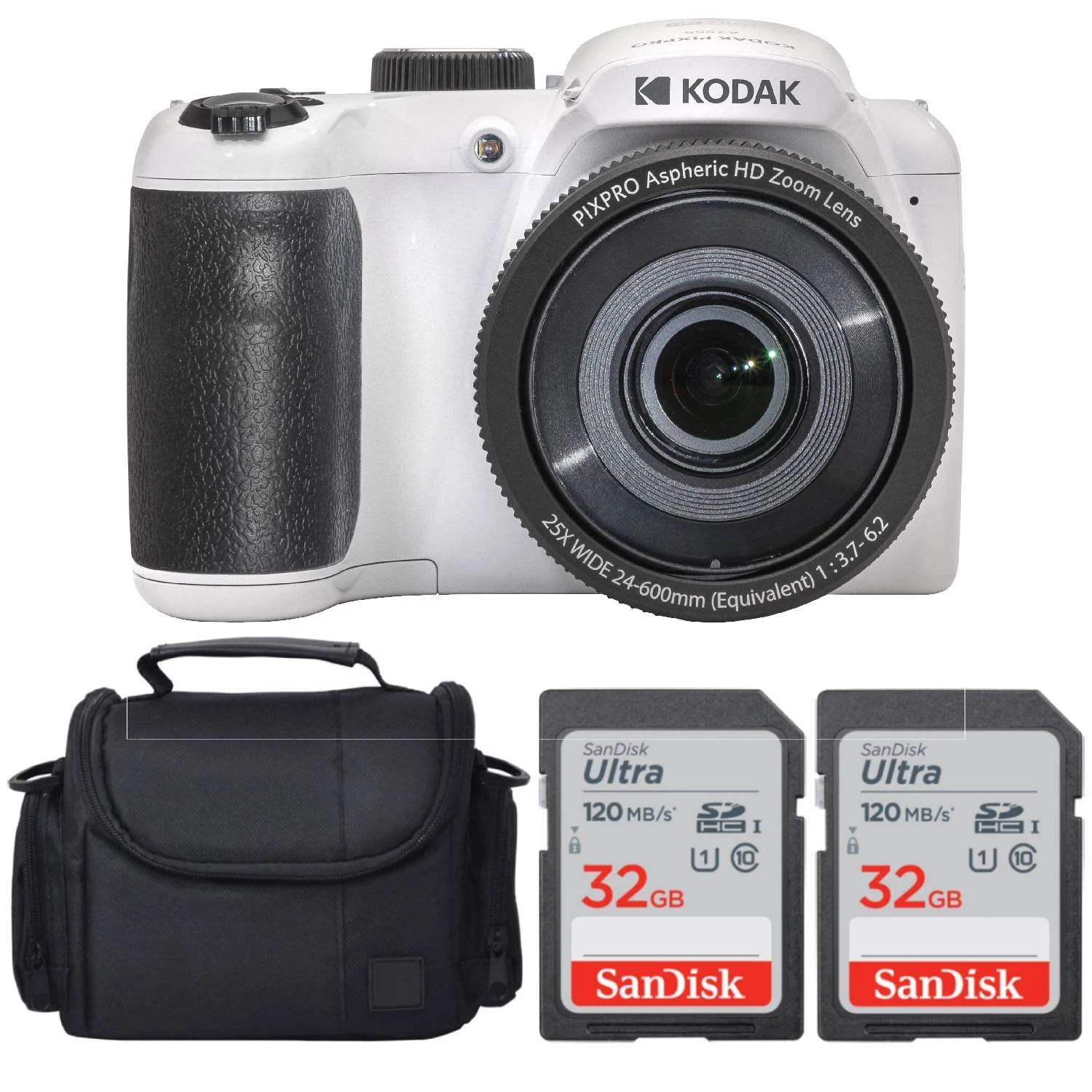 Kodak PIXPRO AZ255 Digital Camera (White) + SanDisk 32GB Ultra UHS-I SDHC Memory Card (2) + Case