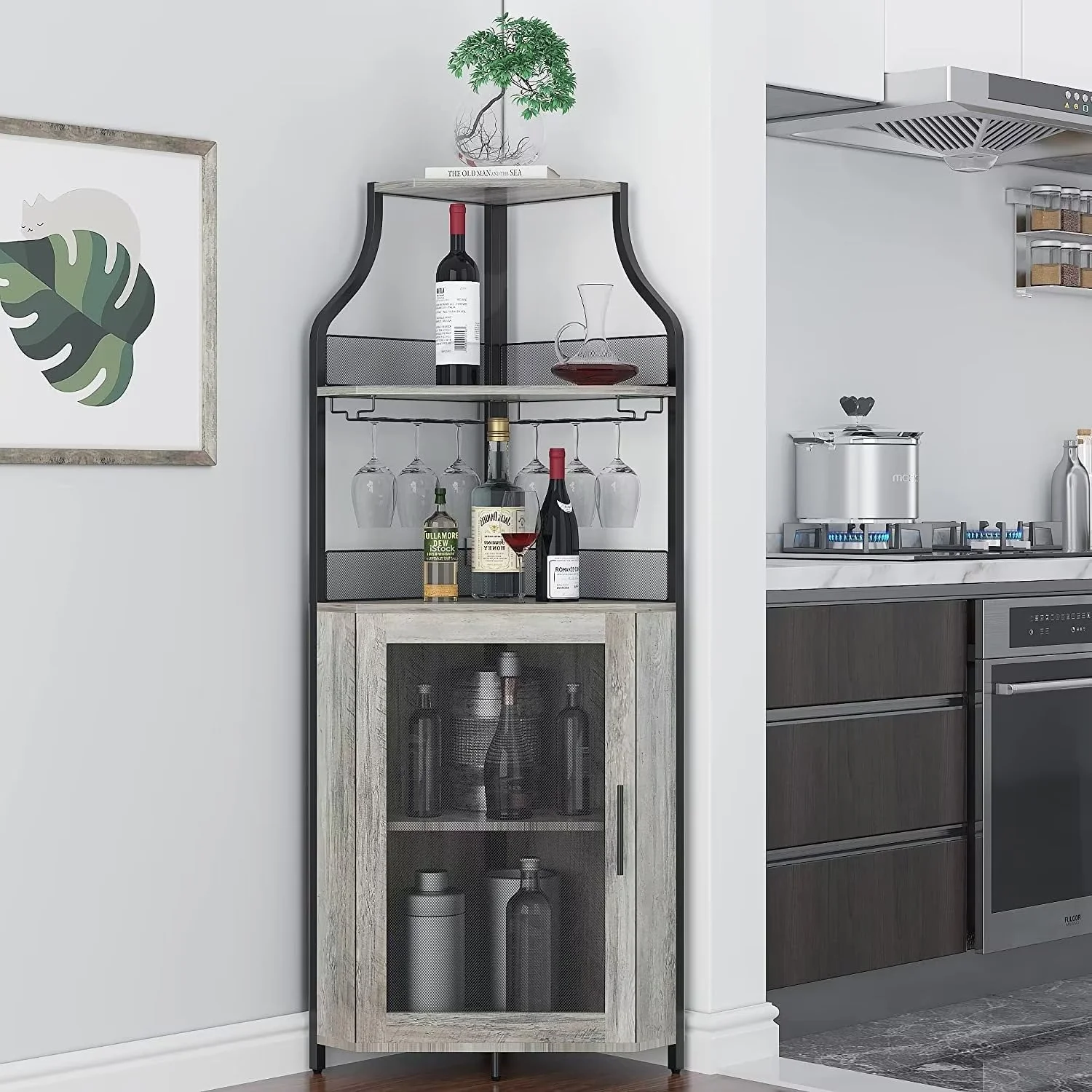 GOGRANT Corner Bar Cabinet, Freestanding Wine Cabinet with Glass Holder and Adjustable Shelf, Grey