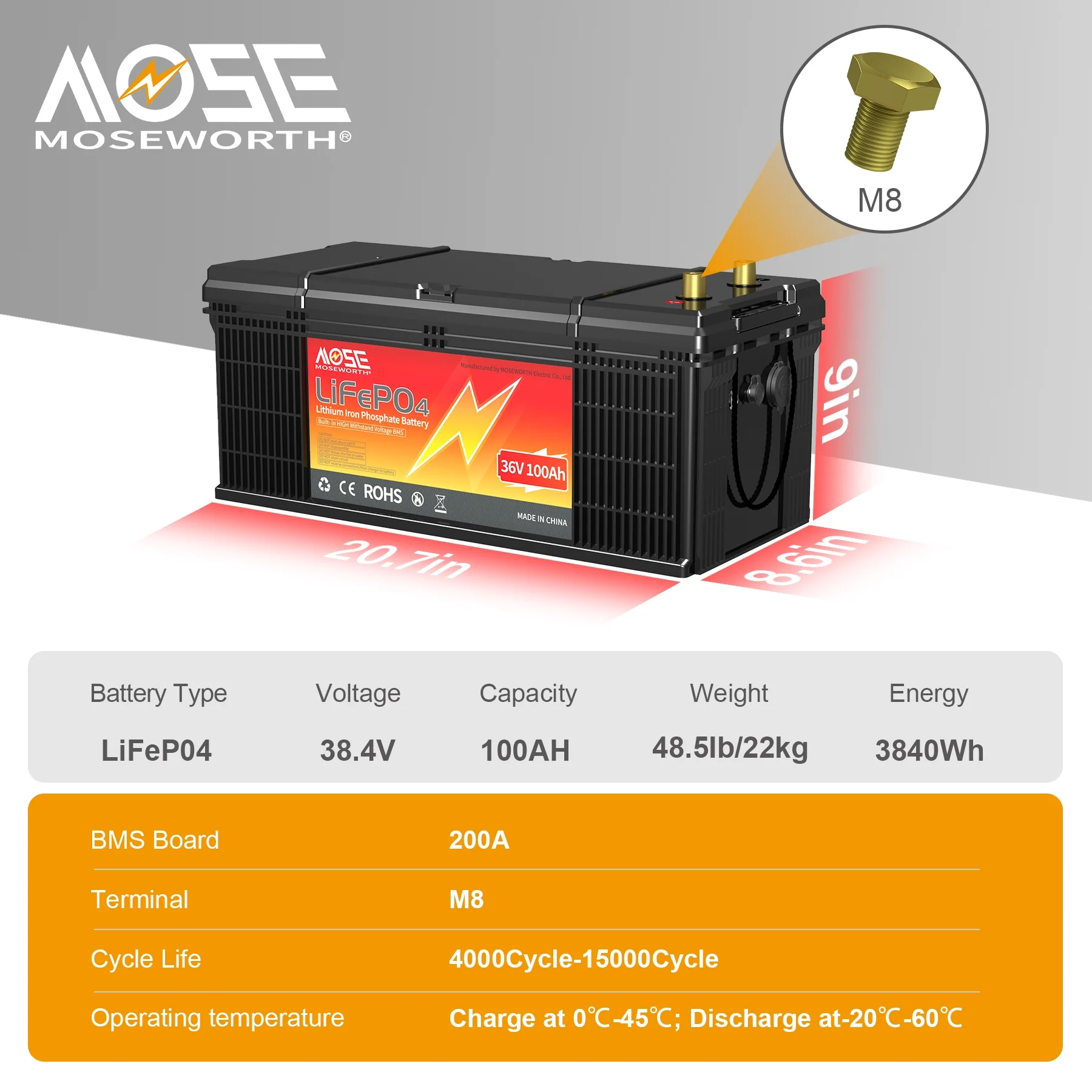 36V 100Ah LiFePO4 Battery,200A BMS,15000 Cycles,Low Temp Cut off,MOSEWORTH for Golf Cart,RV,Solar,Trolling Motor,off-Grid