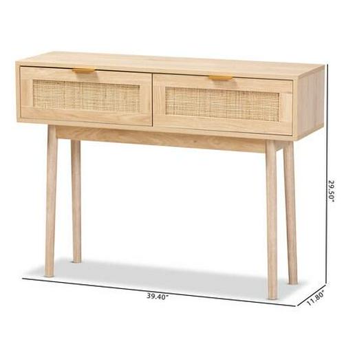 Baird Mid-Century Modern Light Oak Brown Finished Wood and Rattan 2-Drawer Console Table