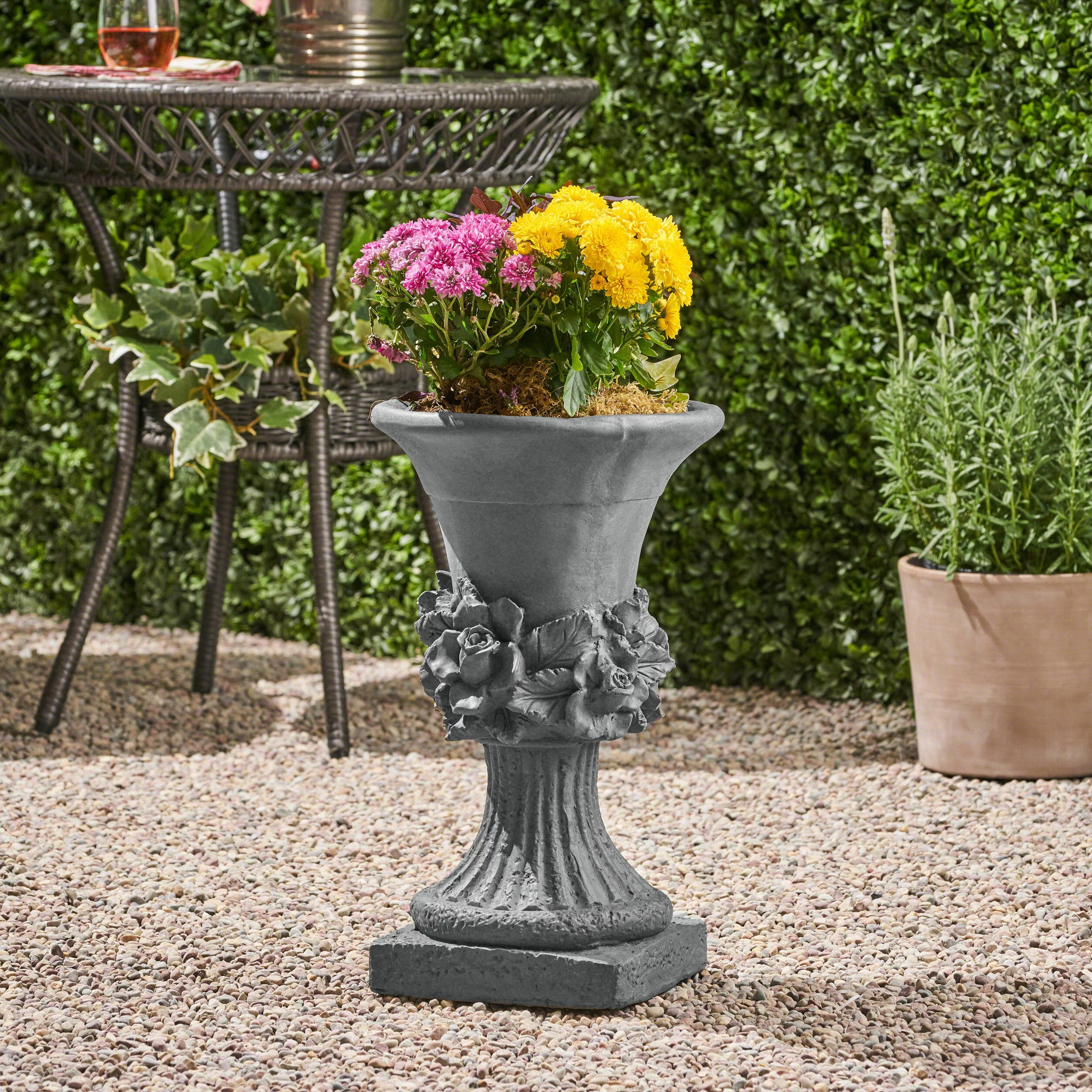 Michaelia Chalice Garden Urn Planter, Roman, Botanical, Antique Gray Lightweight Concrete