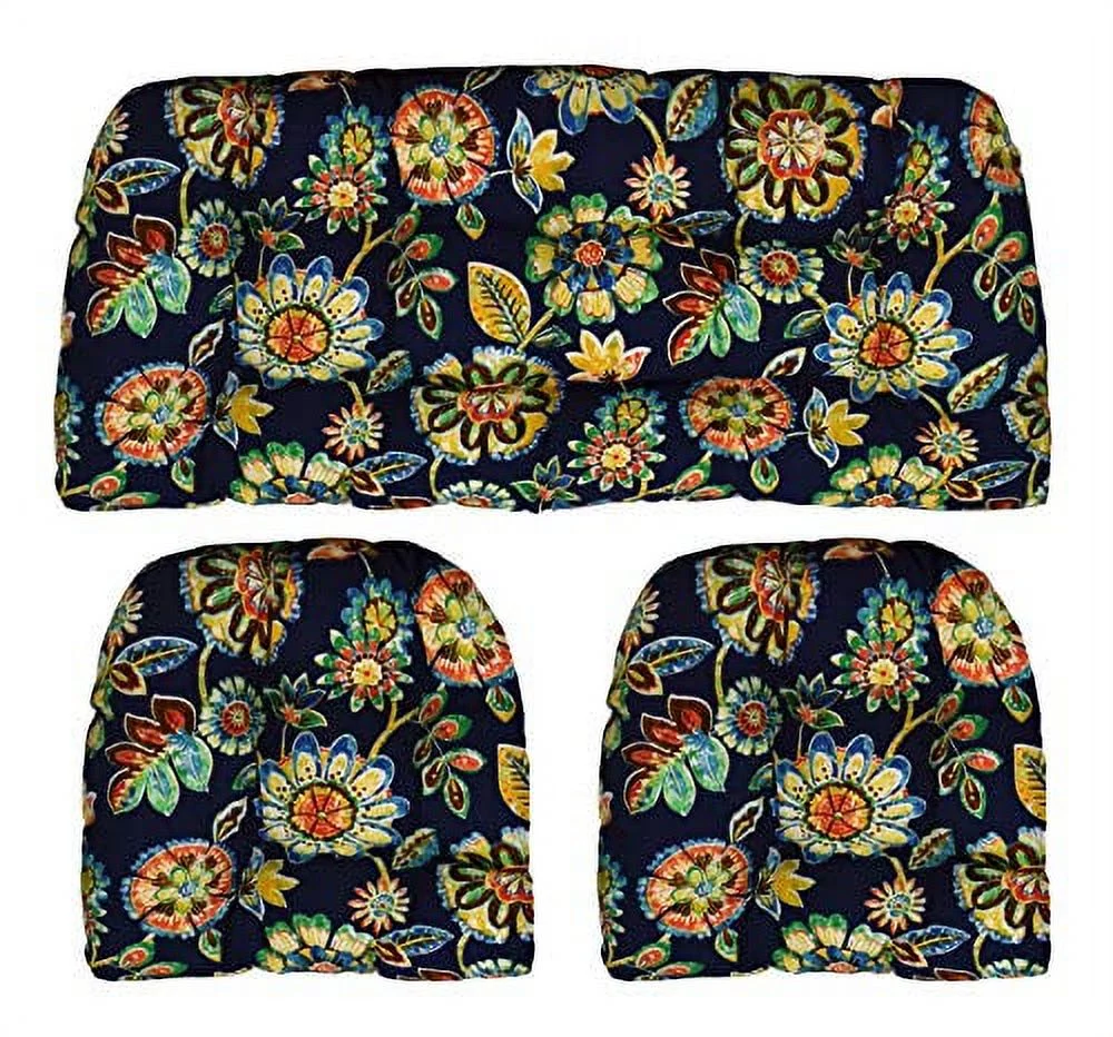 RSH DECOR Indoor Outdoor 3 Piece Tufted Wicker Settee and Chair Cushion Set, All Weather, Water & Fade Resistant Polyester Fabric, 1 Loveseat Cushion 44” x 22” & 2 U-Shape Chair Cushions 22”x 22”