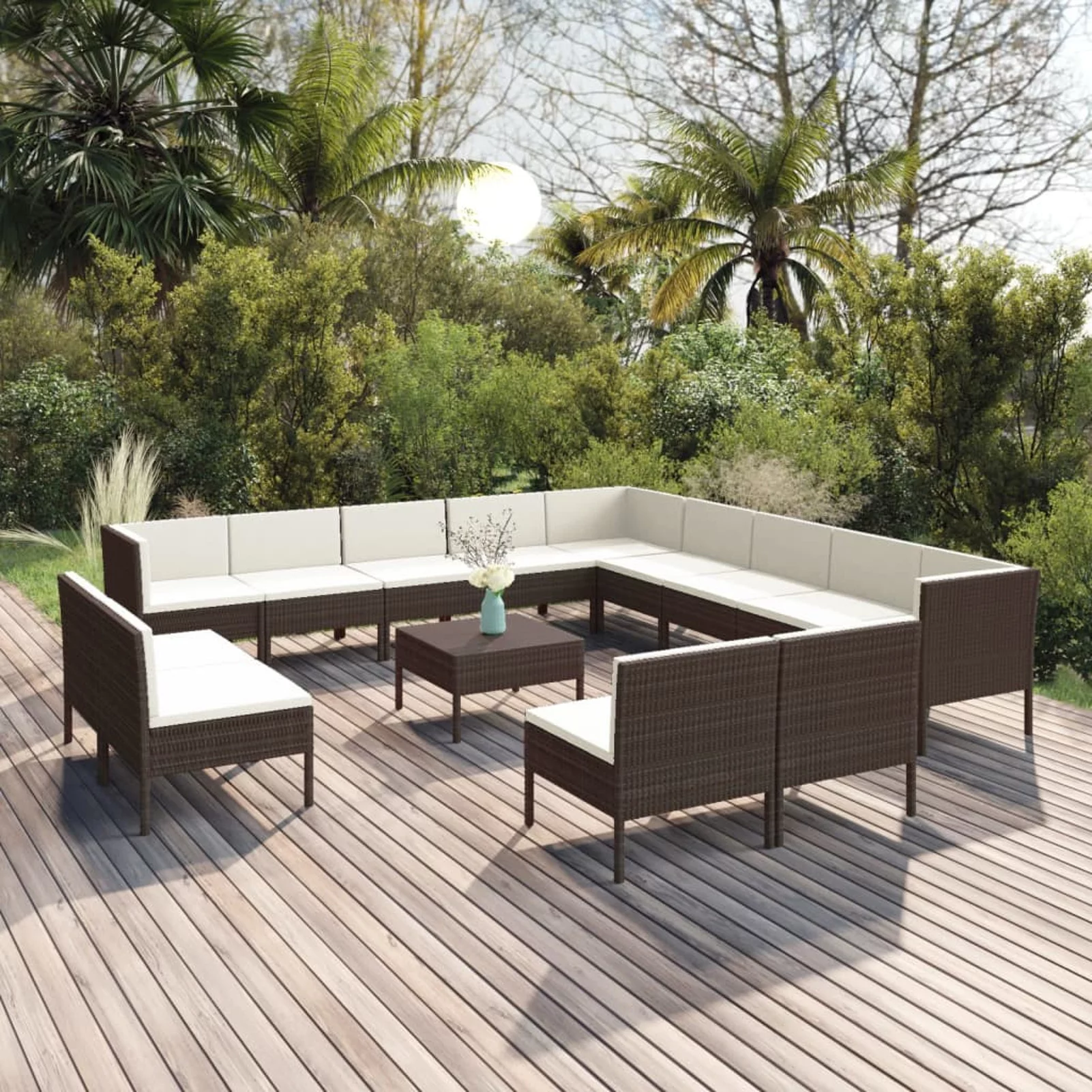 Anself 14 Piece Patio  Set  Conversation Set with Cream White Cushion Brown Poly Rattan Sectional  Furniture Set for Patio, Backyard, Patio, Balcony