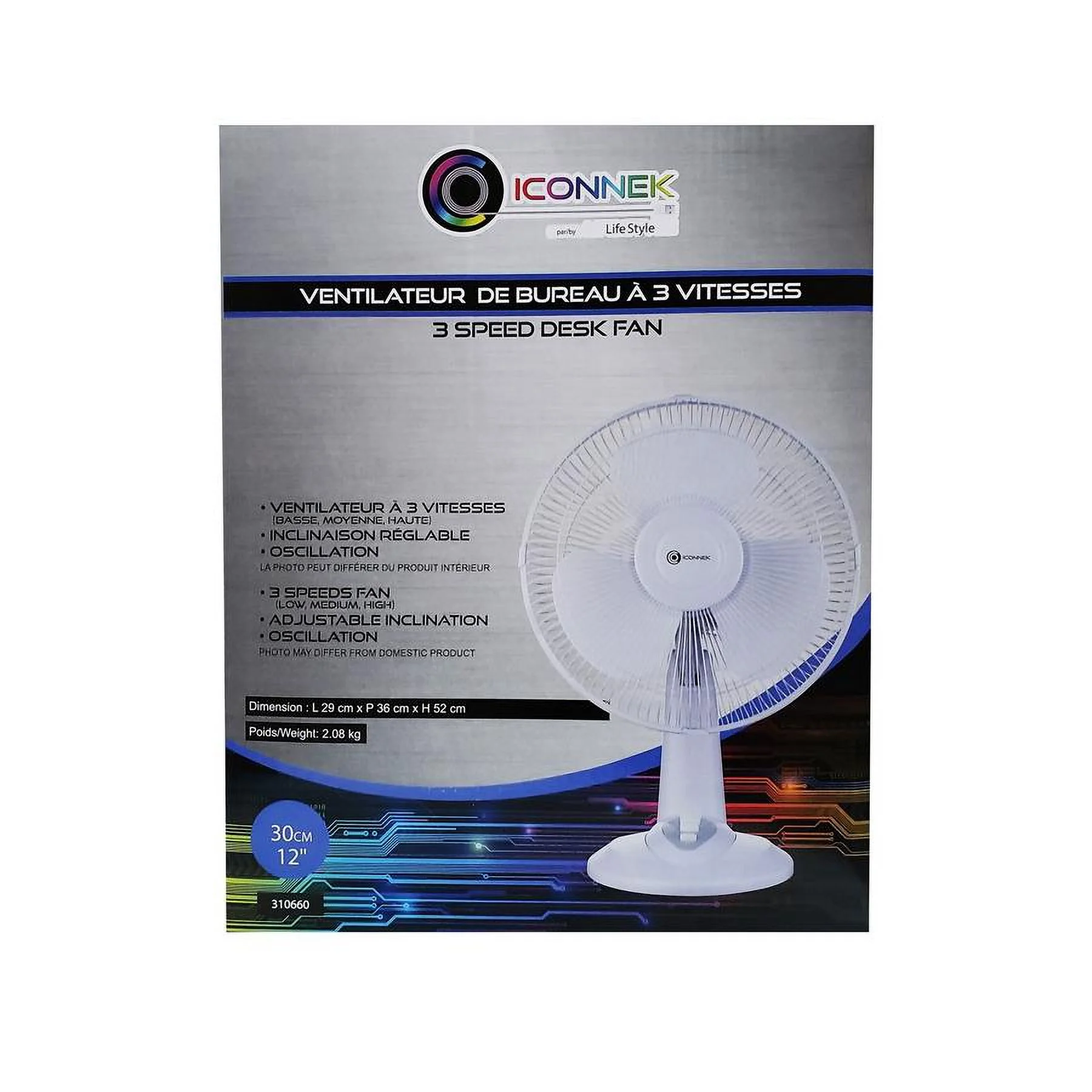 Iconnek - Desk Fan with 3 Speeds, Oscillation and Adjustable Tilt, 12 '', White