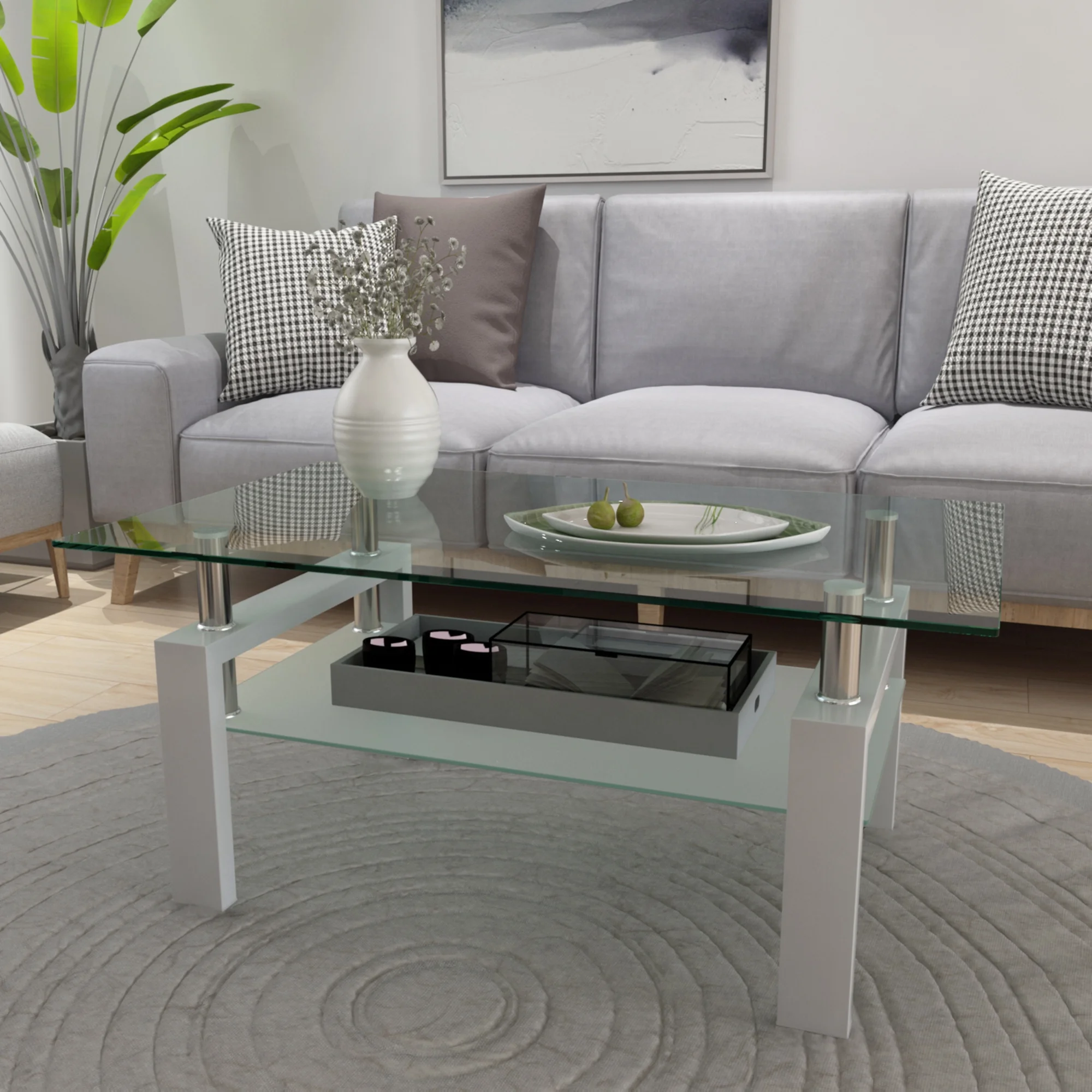 KUUFER Rectangle White Glass Coffee Table, Clear Coffee Table, Modern Side Center Tables for Living Room, Living Room Furniture