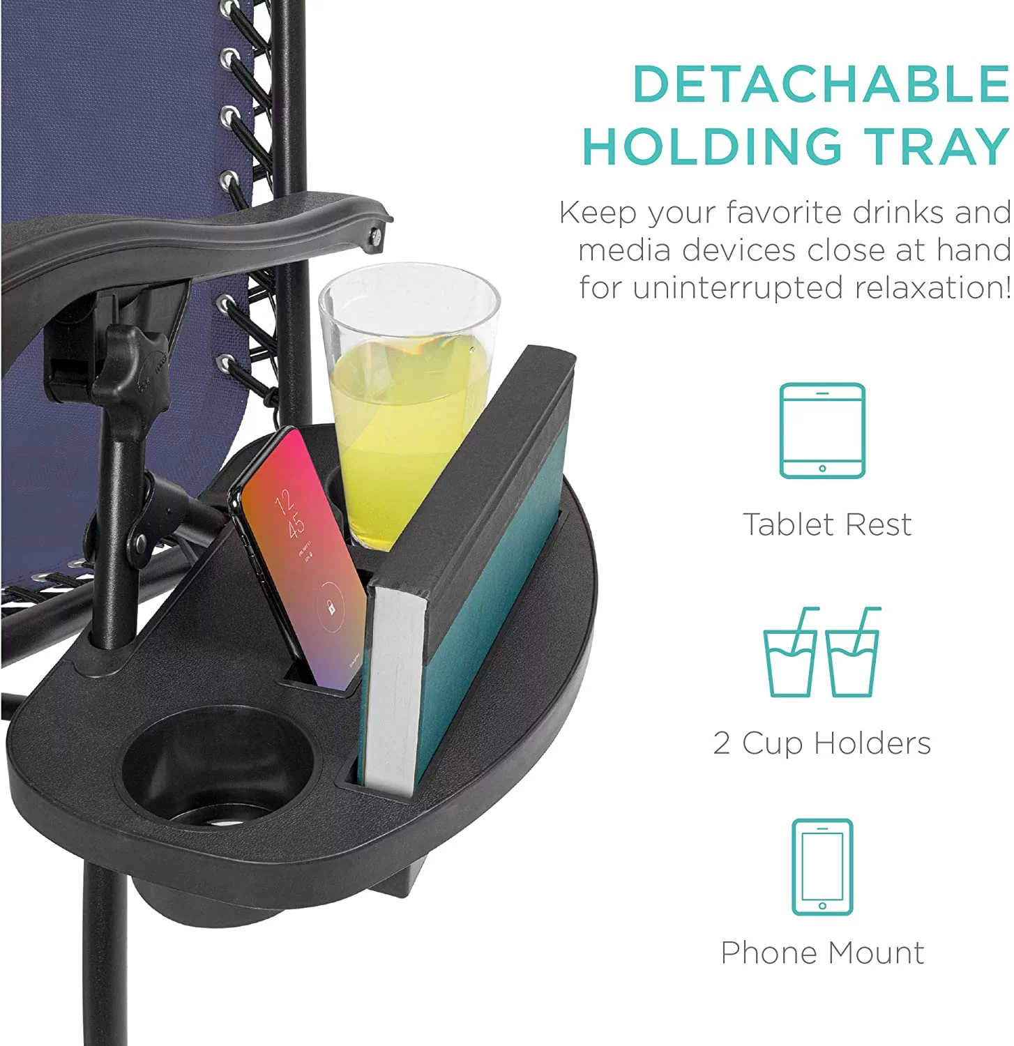 Set of 2 Adjustable Steel Mesh Zero Gravity Lounge Chair Recliners w/Pillows and Cup Holder Trays, Navy Blue