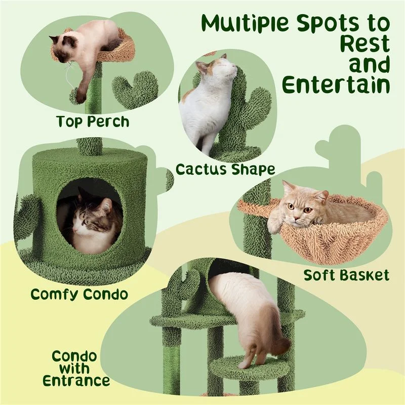 YLZ Luxury Cat Tree Condo Cactus Design 53''H Padded Perch Green/Brown Playful Kitten Tower