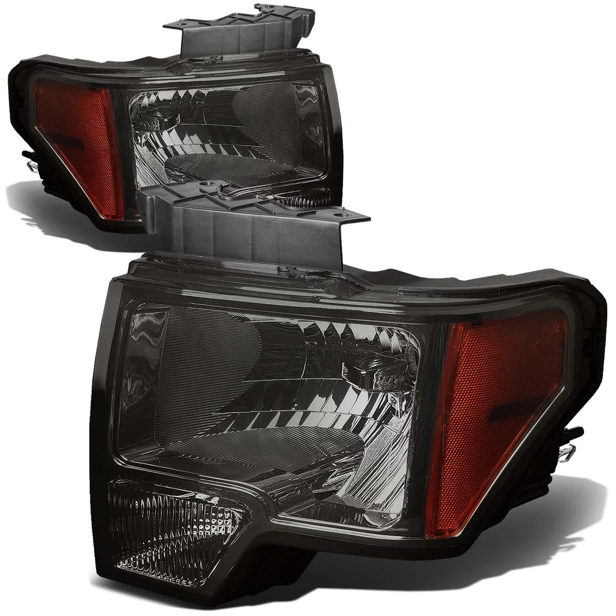DNA Motoring HL-OH-F1509-SM-AM For 2009 to 2014 Ford F150 OE Style Headlight Smoked Housing Amber Corner Headlamp -12 Gen 10 11 12 13 Left + Right
