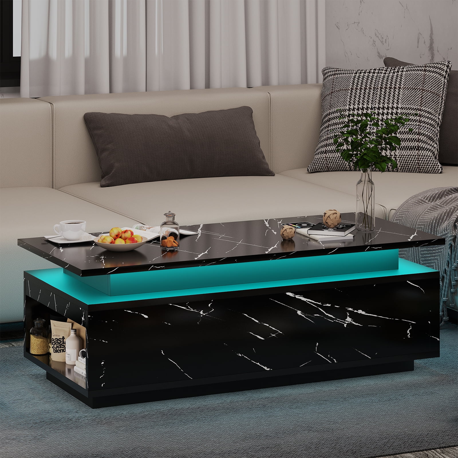 Buenhomino Black LED Coffee Table for Living Room, Modern High Glossy Center Table with Wireless Charging and Bluetooth Speaker, Smart Cocktail Table Rectangle, Sofa Side Tea Tables with LED Lights