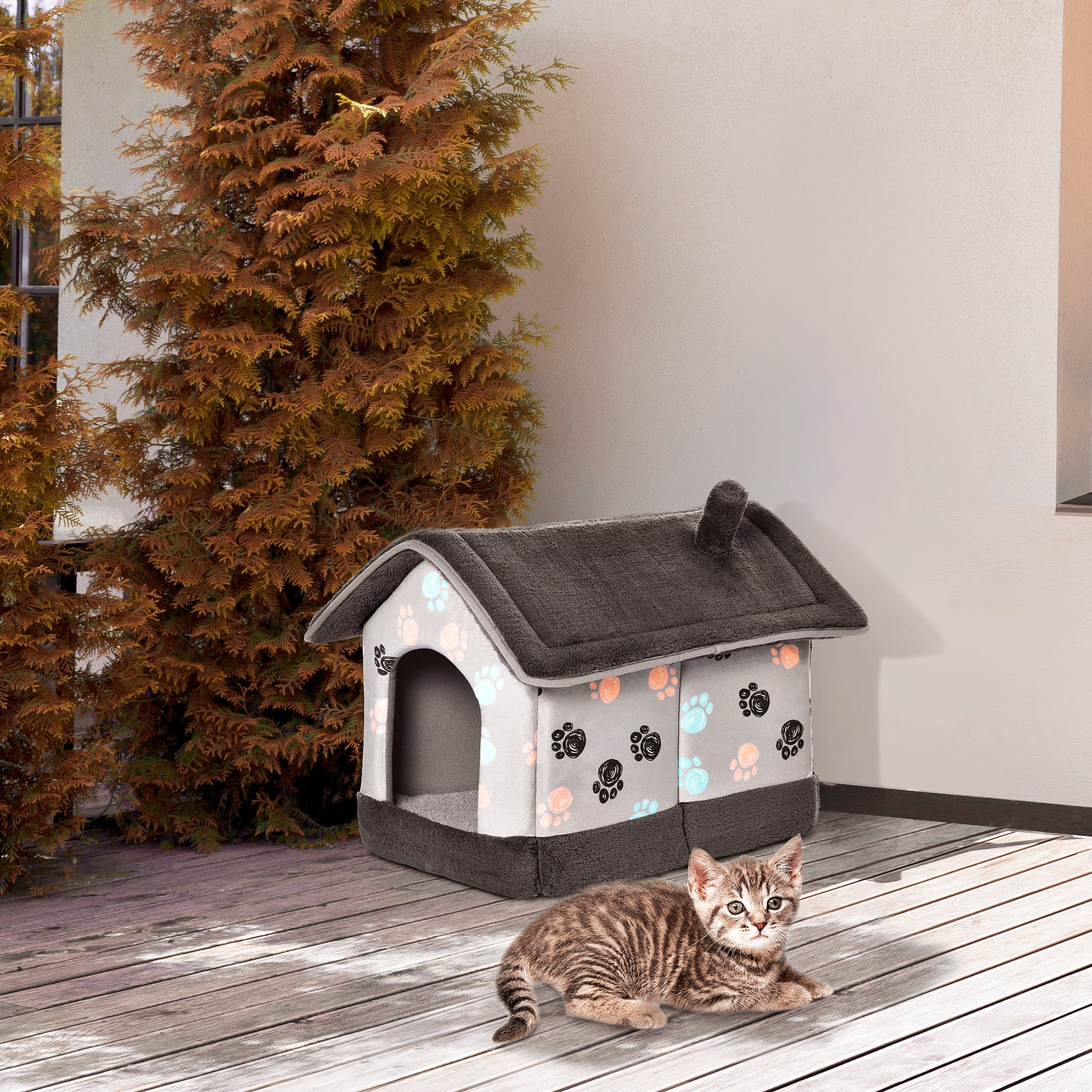 PawHut Heated Cat House Condo, Foldable Enclosed Pet House with Heating Pad for Cats or Small Dogs, Use for Indoor & Outdoor Paw Print Pattern