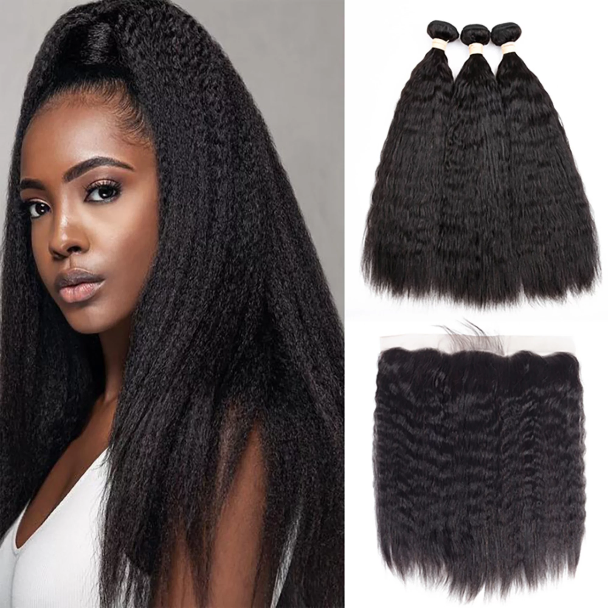 Beauhair 10A Brazilian Human Hair Kinky Straight 3 Bundles With 13×4 HD Lace Frontal Human Hair Natural Color 28