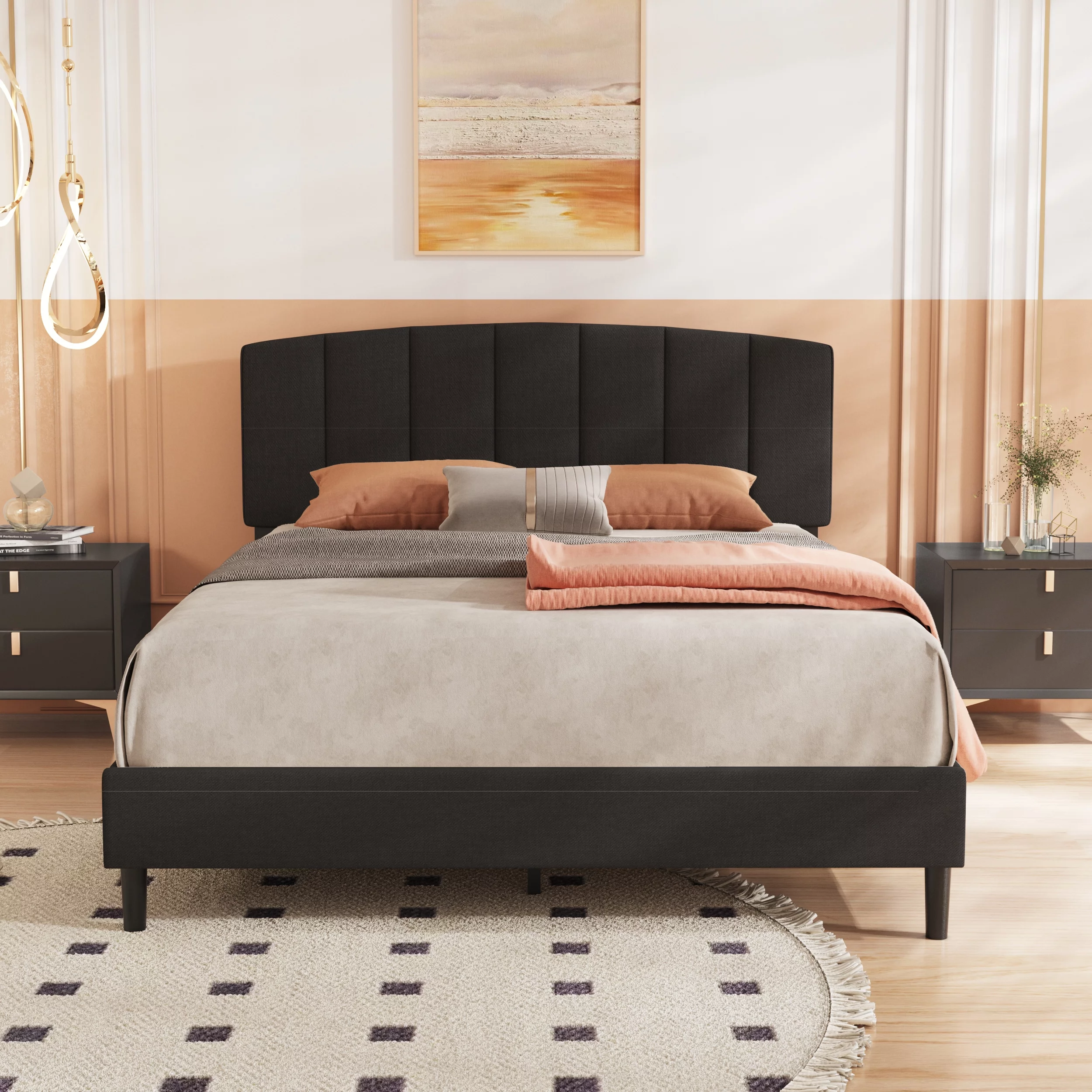 alazyhome Queen Size Upholstered Platform Bed Frame with Bedside Cupboard, Black