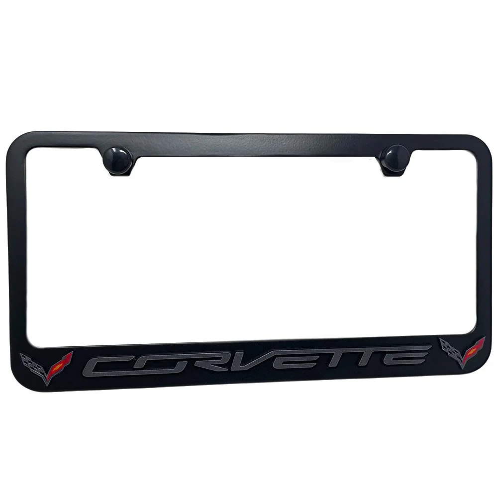 C7 Corvette License Plate Frame - Black with Black C7 Crossed Flags Logo