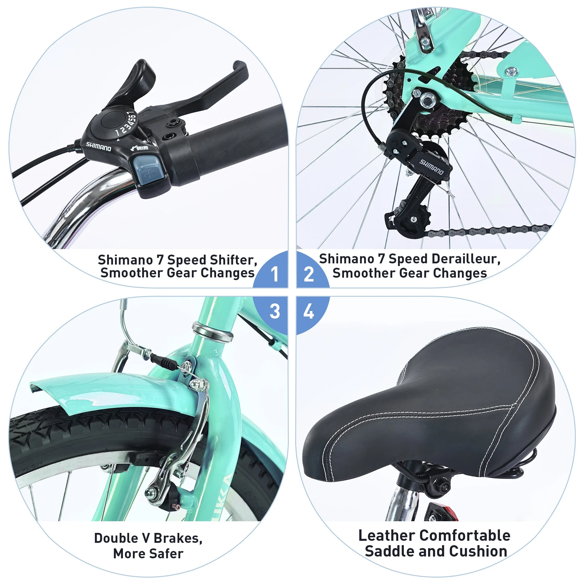 Beach Cruiser Bike, Men and Women, 18-Inch Steel Frame, 26-Inch Wheels, 7-Speed Twist Shifters, Mint Green