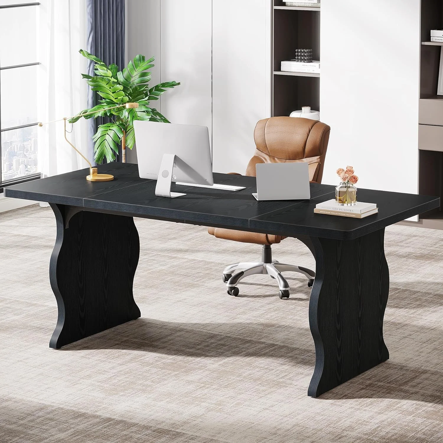 Tribesigns 63-Inch Large Executive Desk, Modern Computer Desk for 1-2 Person, Double PC Gaming Home Office Desk with Sturdy Legs, Black