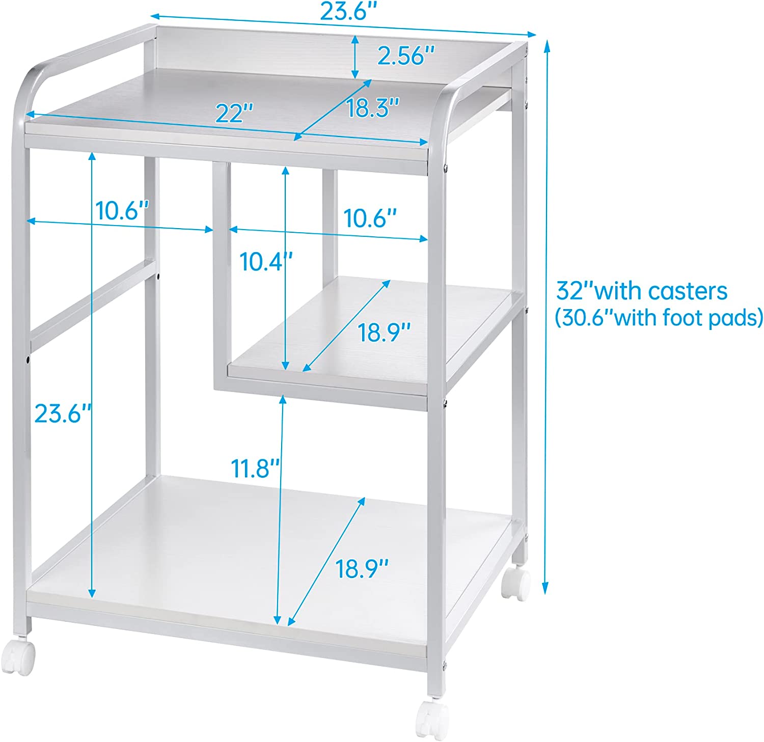 White Printer Stand, 22 x 18 Inch Big Size Printer Table with Wheels, 3 Tier Rolling Printer Cart for Home Office Storage and Organization, Stand for Host Computer, PC Tower, CPU, Shredder