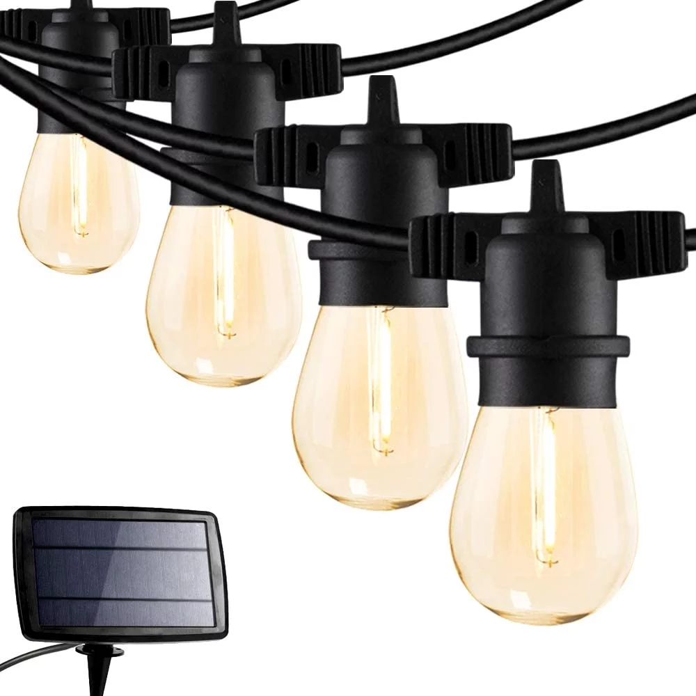 24FT Solar String Lights, LED Solar Cafe Patio Lights, Porch Market Light Waterproof & Shatterproof with Vintage Plastic Bulbs, Create Cafe Ambience On Your Garden