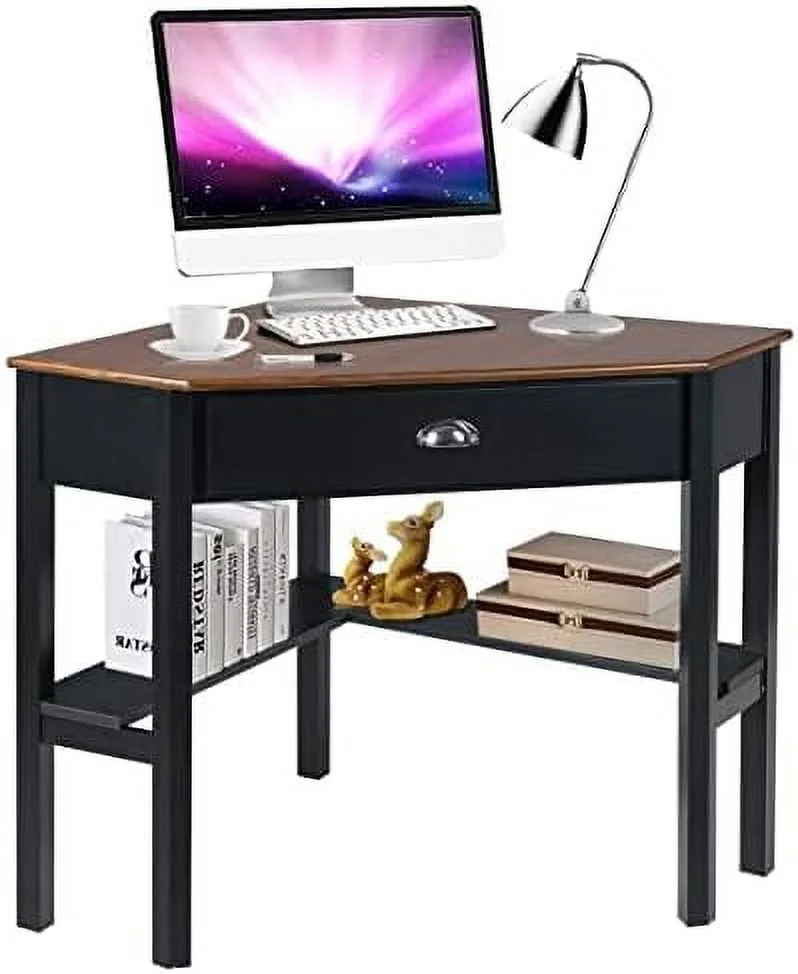 ZFGSUIJN Corner Desk  Corner Computer Desk with Drawer for Small Space  Small Corner  Vanity Desk  90 Degrees Triangle Corner Desk with  Shelves (Natural & White)