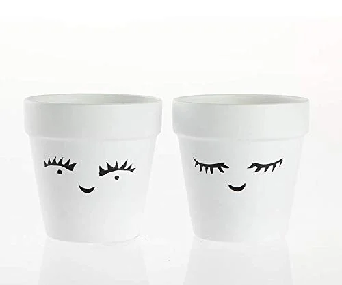 Terra Cotta Ceramic Collection | Indoor and Outdoor Planter (White w/Faces - Set of 2)