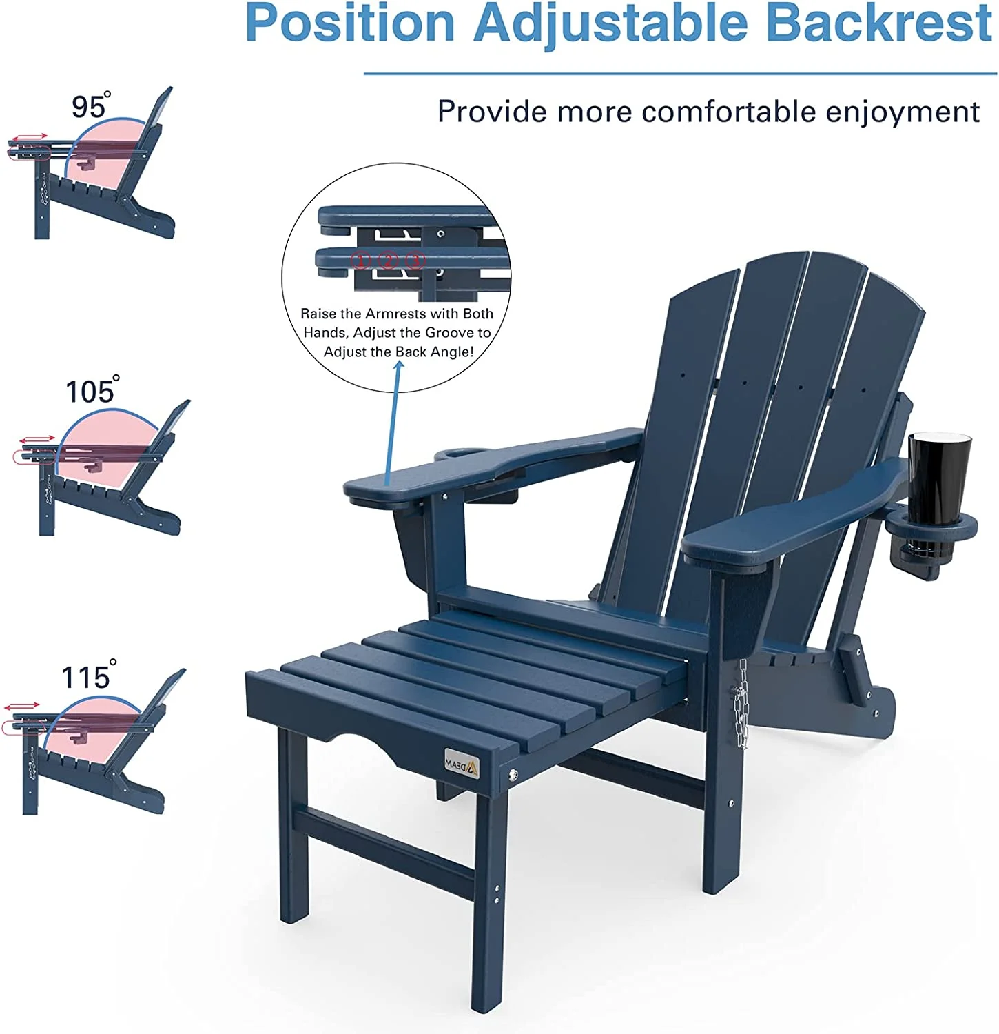 U-SHARE Adjustable Backrest Adirondack Chair Folding Patio Lawn Outdoor Fire Pit Chairs Adirondack Chairs Weather Resistant with 2 Cup Holder/Adirondack Retractable Ottoman(Navy Blue)