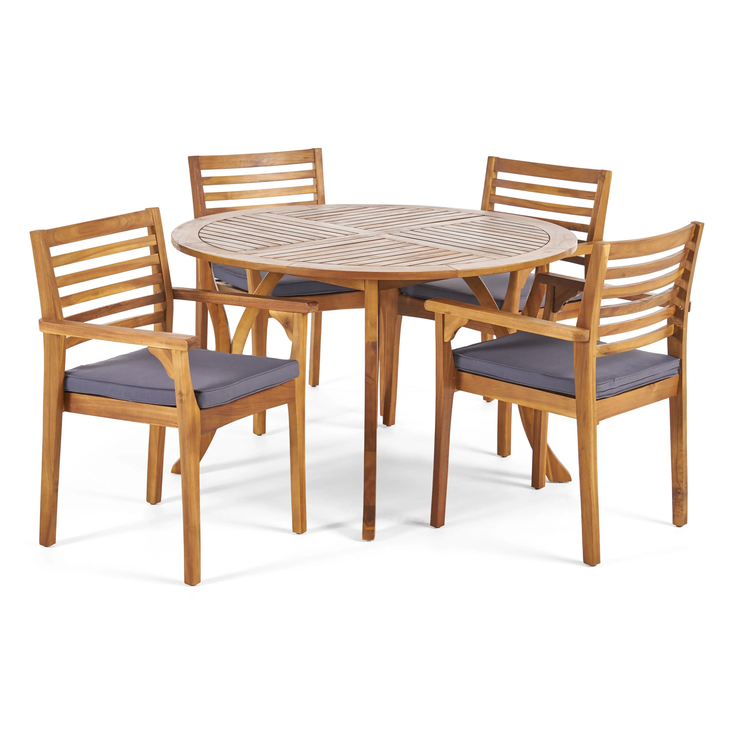 GDF Studio Leo Outdoor Acacia Wood 5 Piece Dining Set with Cushion, Teak and Dark Gray