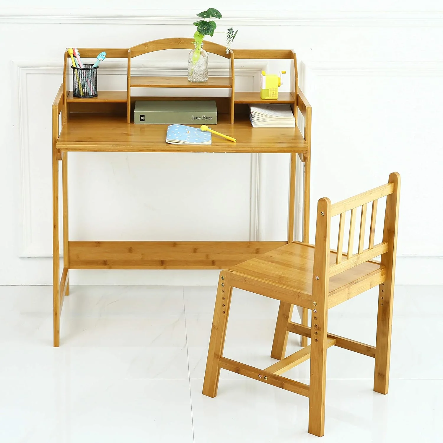 Bamboo Height Adjustable Kids Desk and Chair Set, Children Desk, Study Table and Chair Set (Nature -01)