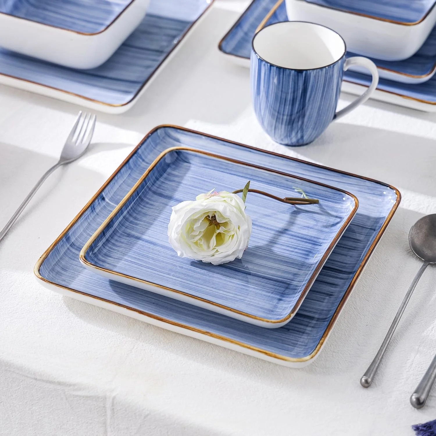 MINGFENG Brushed Square Porcelain Dinnerware Set, Service for 4-16 Pieces, Blue