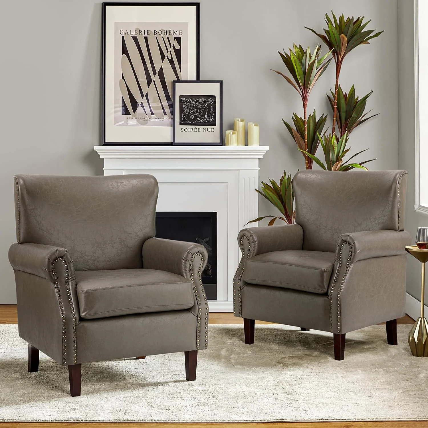 Faux Leather Accent Chairs Set Of 2 With Rolled Armrests & Nailhead Trim, Comfy Upholstered Living Room Armchairs With Removable Cushion, Traditional Sofa Chairs For Bedroom Office, Grey