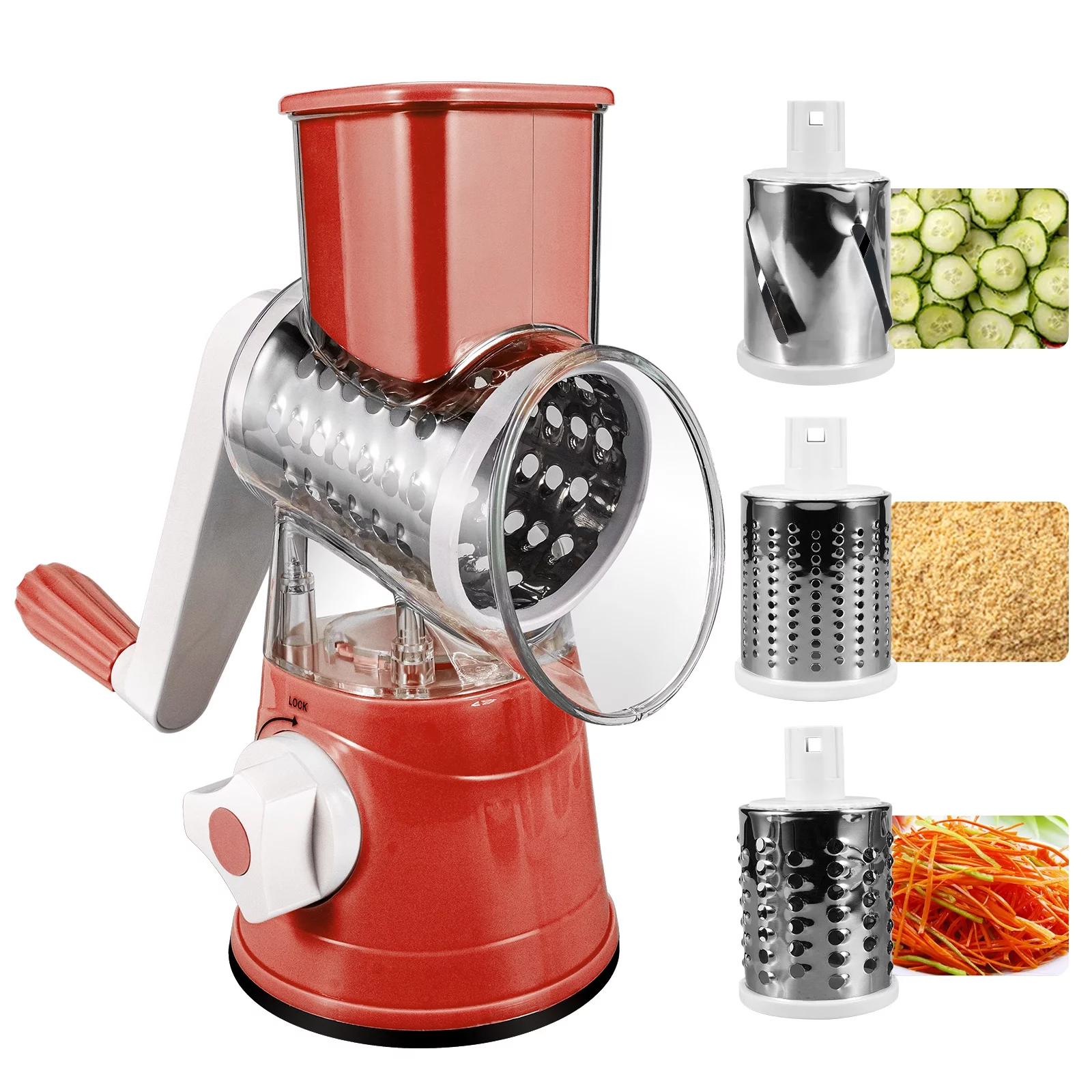 Jahy2Tech Rotary Cheese Grater Shredder, Kitchen Slicer Grinder for Vegetable, Walnut, Nut, Carrot Garlic, Chocolate, Radish with 3 Drum Blades-Red