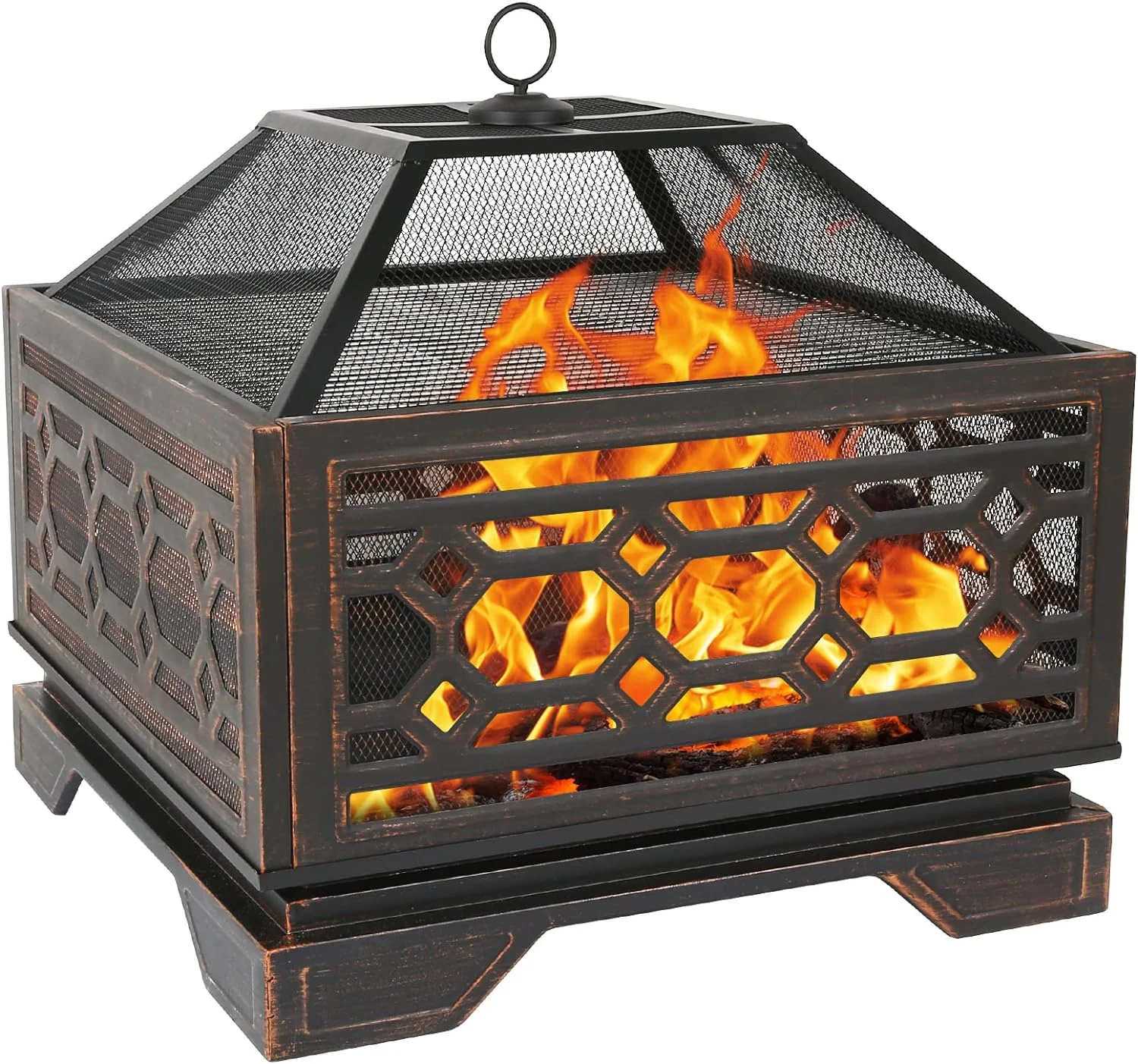 26 Inch Outdoor Fire Pit Square Extra Deep Wood Burning Firepits Large Bonfire with Cooking Grate & Poker for Outside, Patio, Backyard