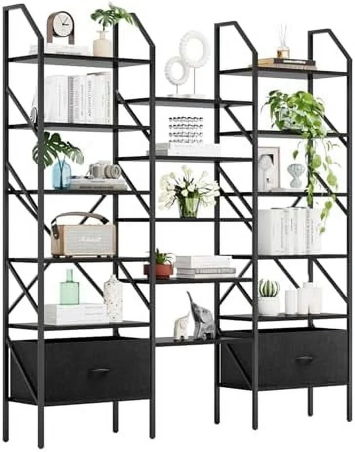 TJCGDTY Triple 6 Tier Bookshelf with Drawers  Wide Bookcase with 17 Open Display  Shelves  Large Book  Book Case for Home & Office (Black  6 Tier)