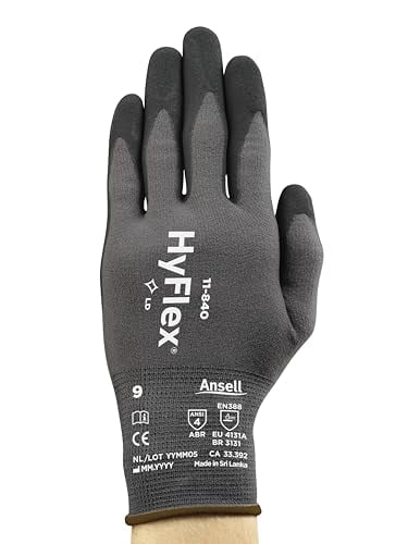 Ansell HyFlex 11-840 Ergonomic Abrasion-Resistant Nylon Spandex Nitrile Coated Industrial Gloves for Automotive, Fabrication - Small (7) Grey (3 Pairs)