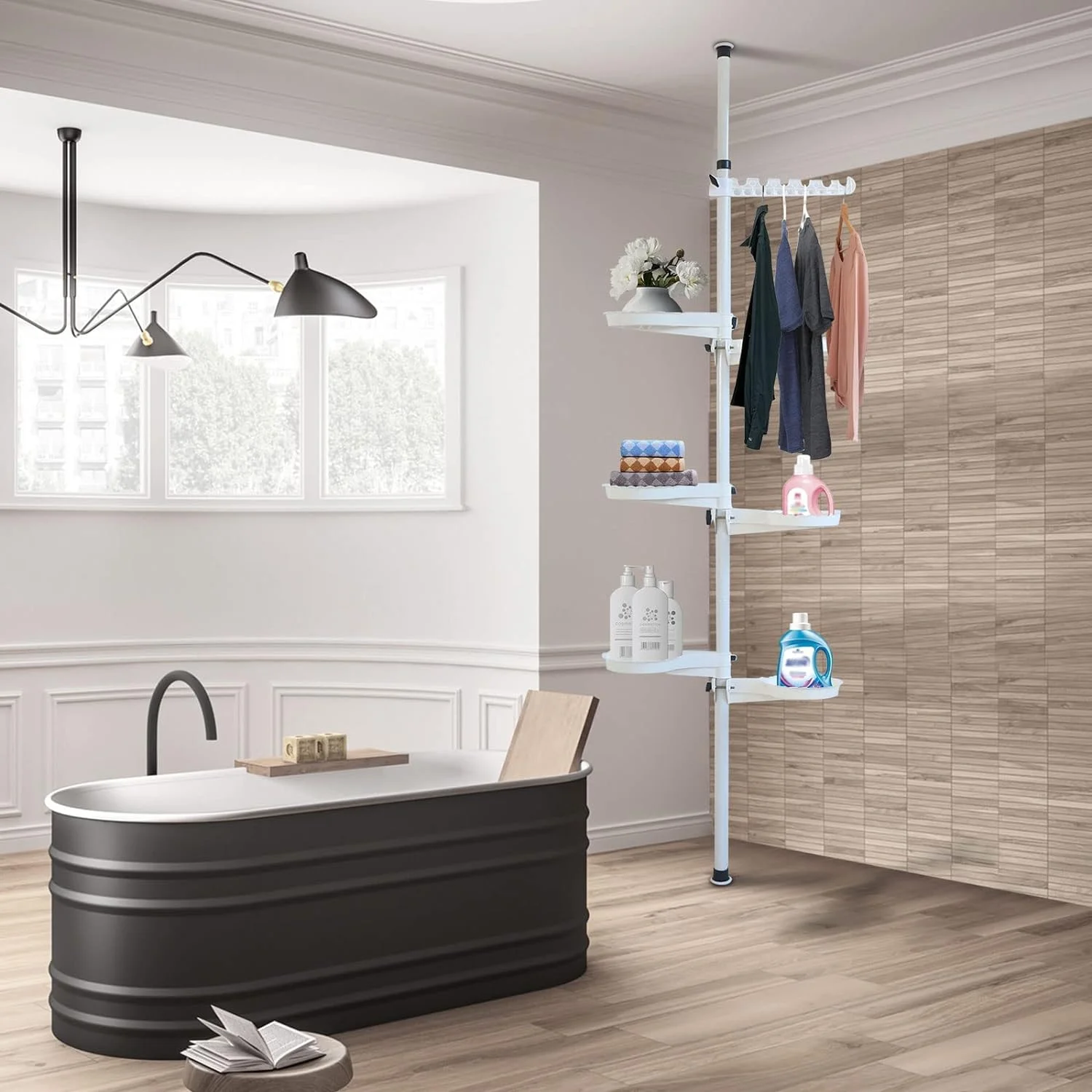 Plant Stand 7 Tier Tension Rod Plant Holder Height Adjustable Plant Shelf Plant Rack Space Saving White Pole Beige Plant Holders Indoor Plant Pole Stand for Bathroom Bedroom Balcony Kitchen