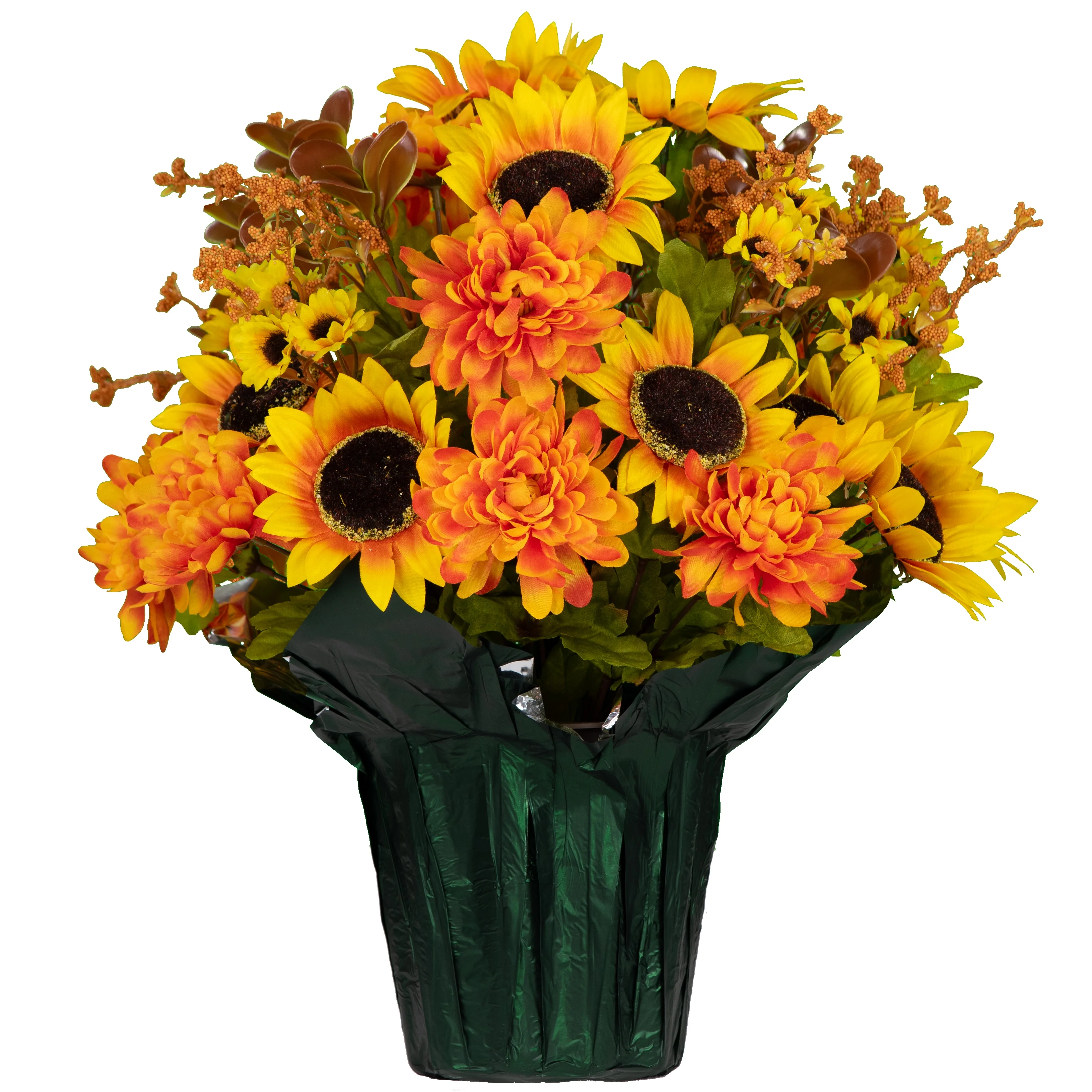 Sympathy Silks Artificial Yellow Sunflower and Amber Mum Weighted Fall Pot Indoors and Outdoors 18