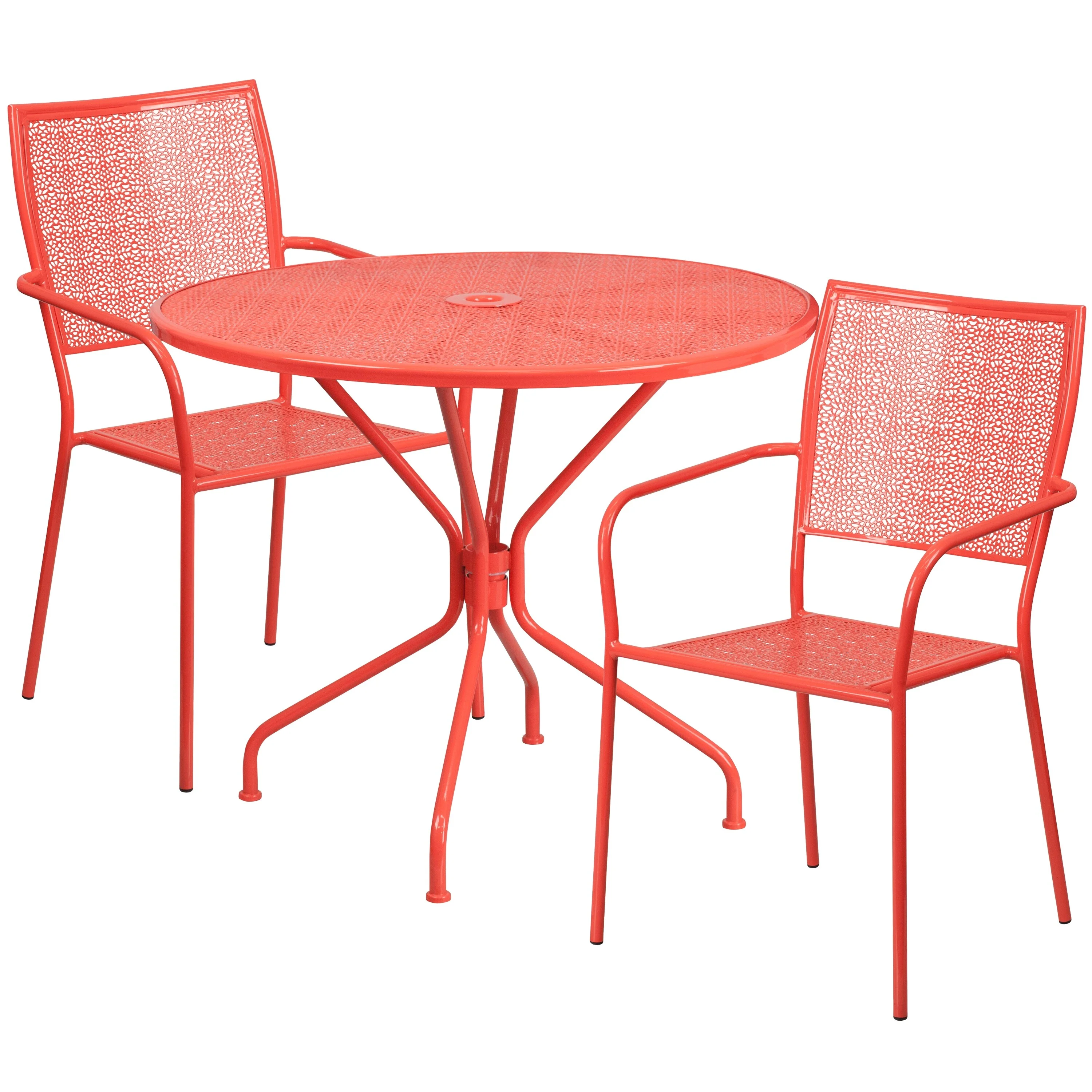Flash Furniture 35-inch Round Steel 3-piece Patio Table Set with Square Back Chairs Coral